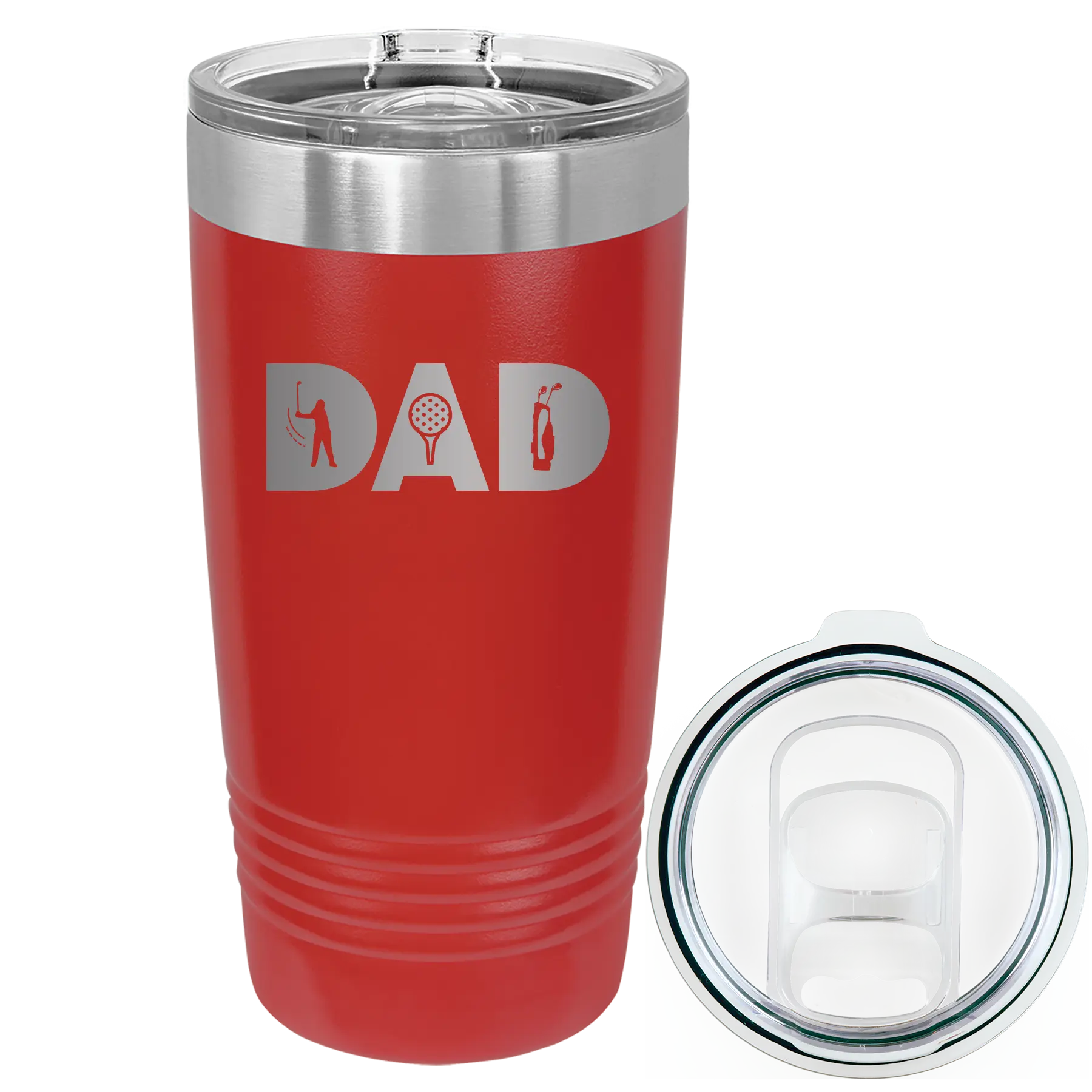 Laser etched red 20 oz vacuum insulated tumbler with 'Dad Golf' design