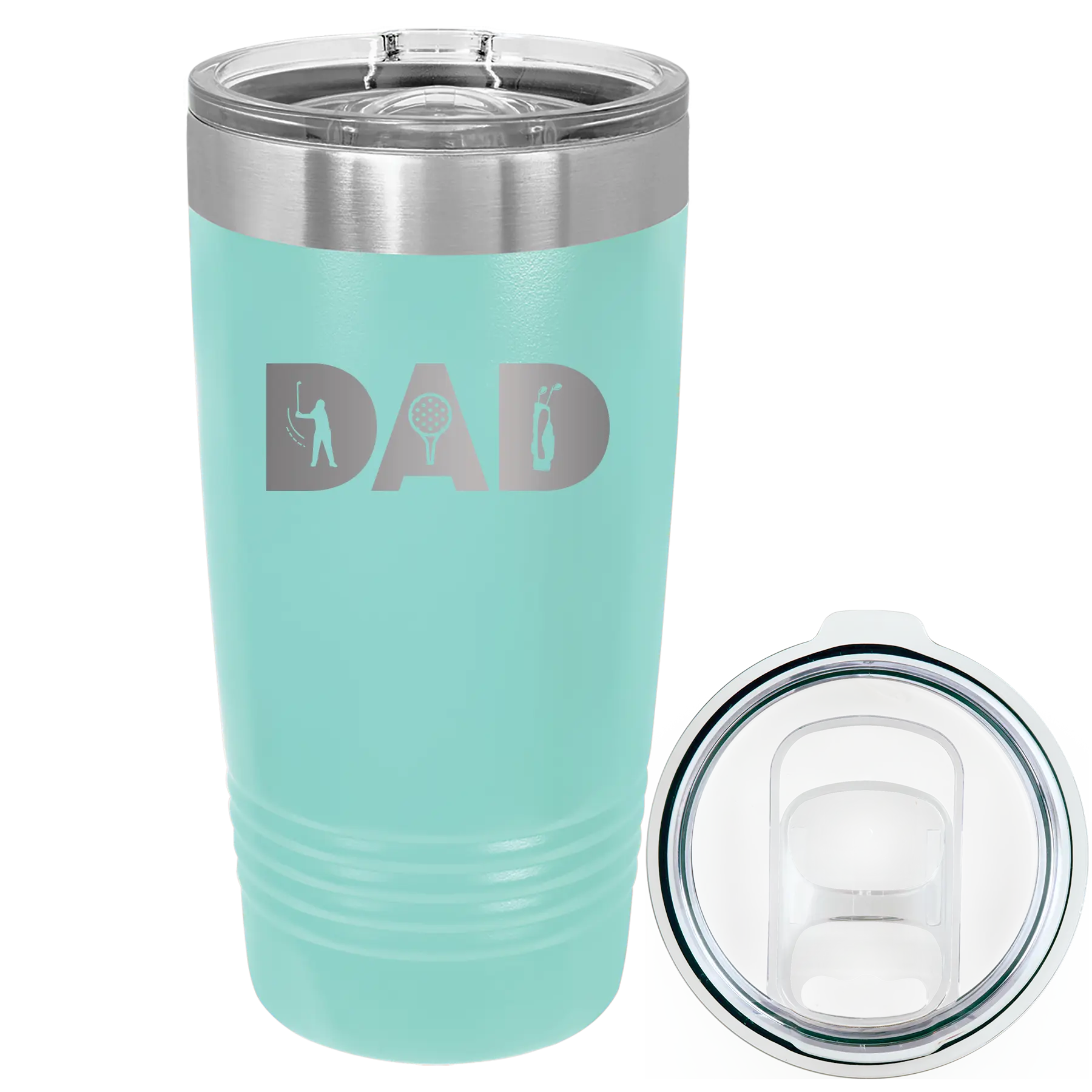 Laser etched teal 20 oz vacuum insulated tumbler with 'Dad Golf' design