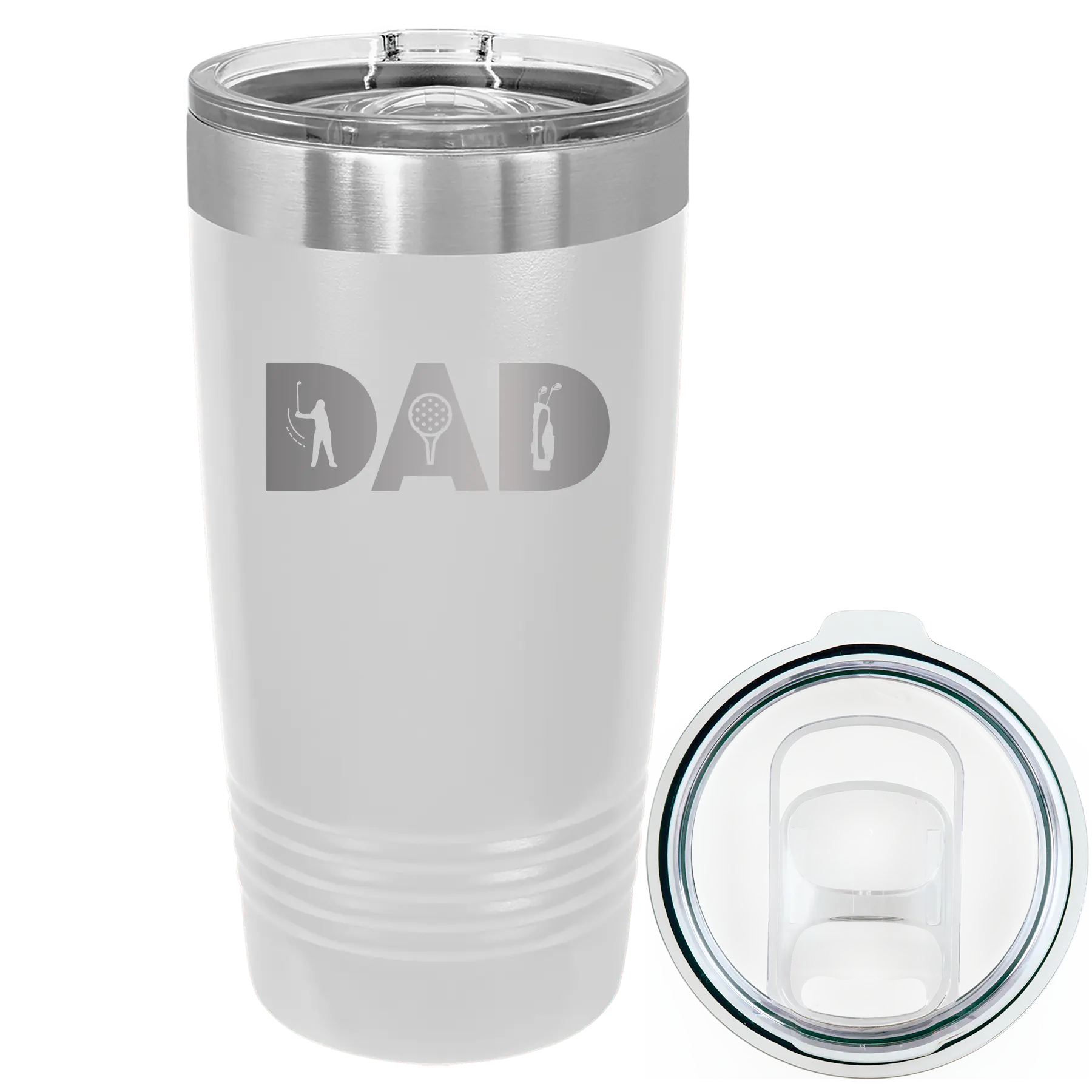 Laser etched white 20 oz vacuum insulated tumbler with 'Dad Golf' design