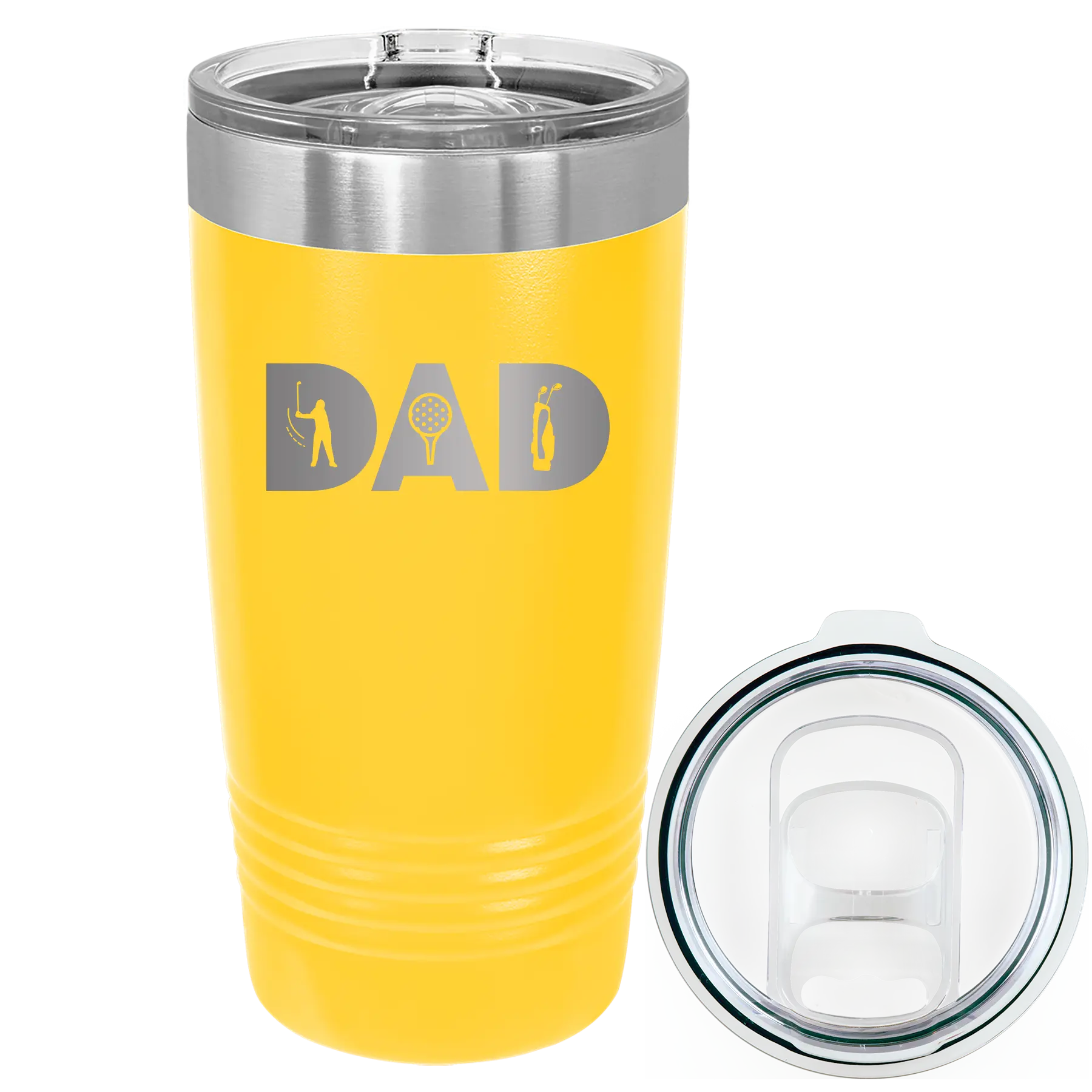 Laser etched yellow 20 oz vacuum insulated tumbler with 'Dad Golf' design