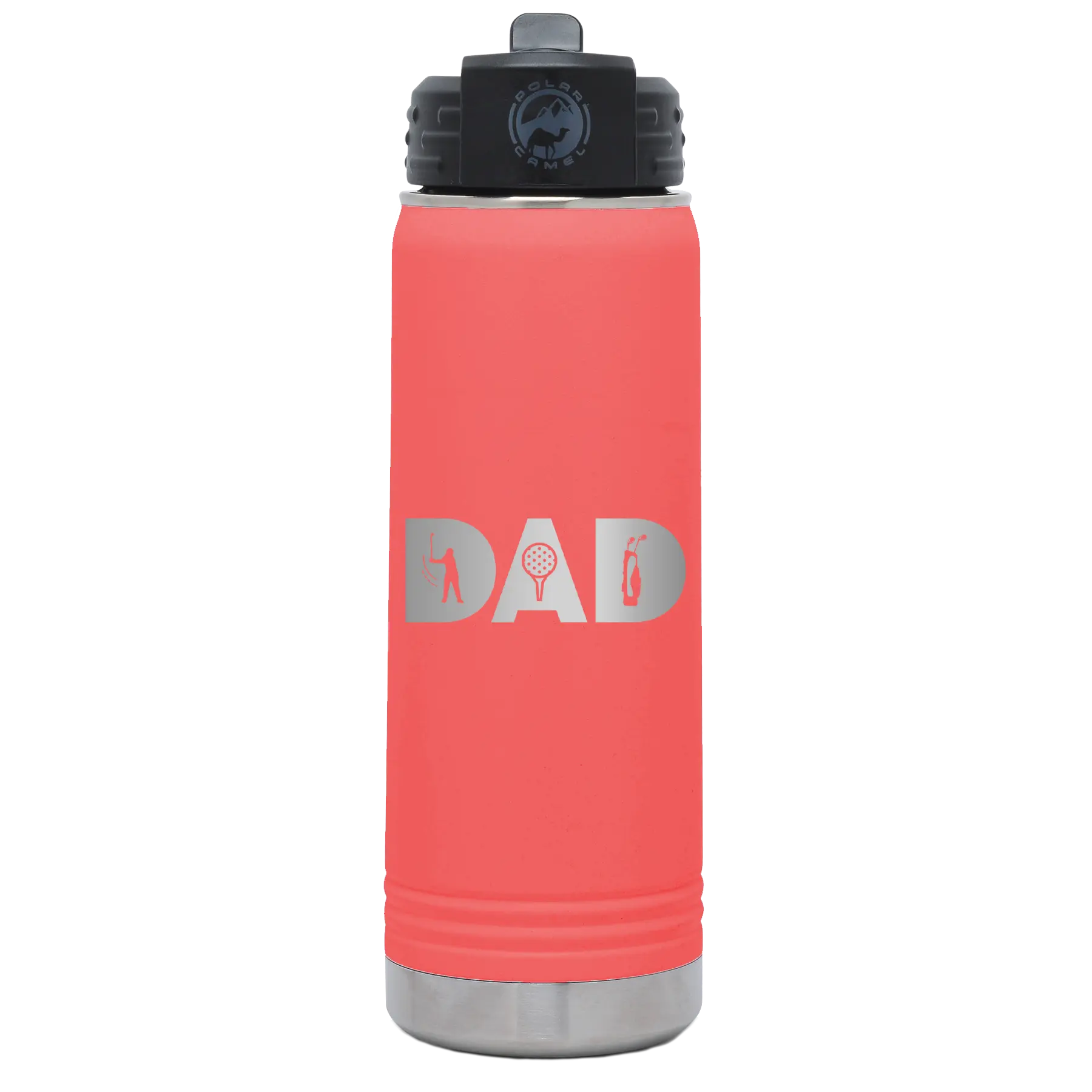 Laser etched coral 20 oz vacuum insulated water bottle with 'Dad Golf' design