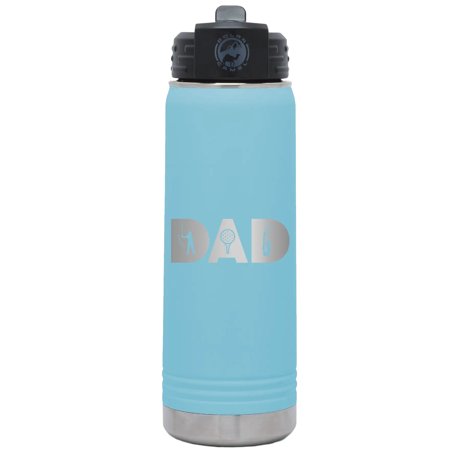 Laser etched light blue 20 oz vacuum insulated water bottle with 'Dad Golf' design