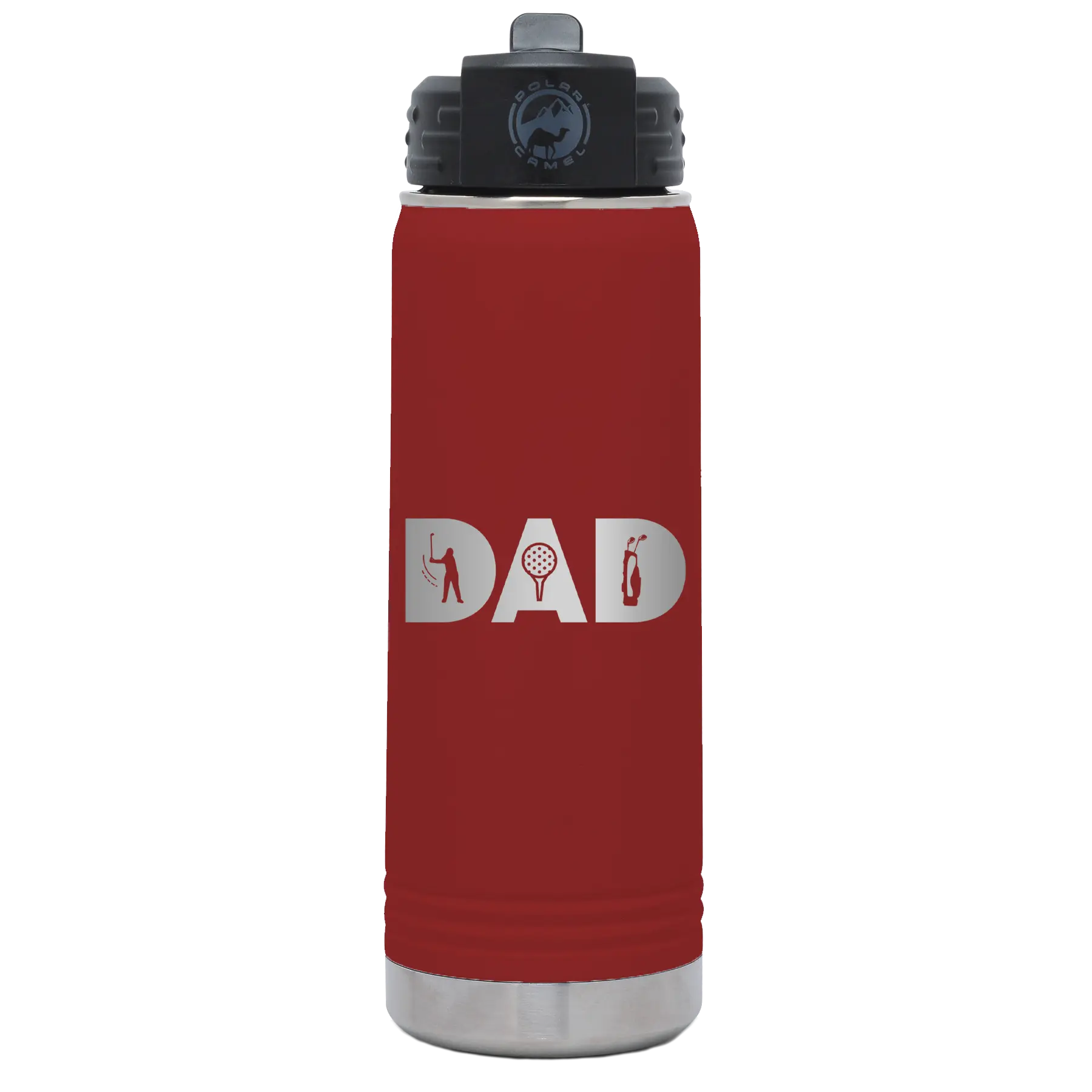 Laser etched maroon 20 oz vacuum insulated water bottle with 'Dad Golf' design