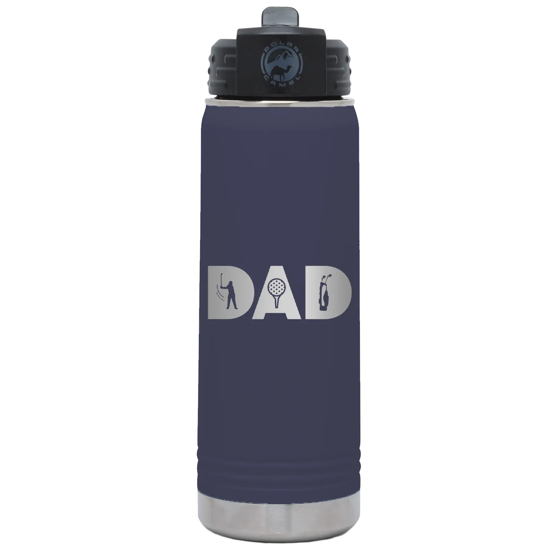 Laser etched navy 20 oz vacuum insulated water bottle with 'Dad Golf' design