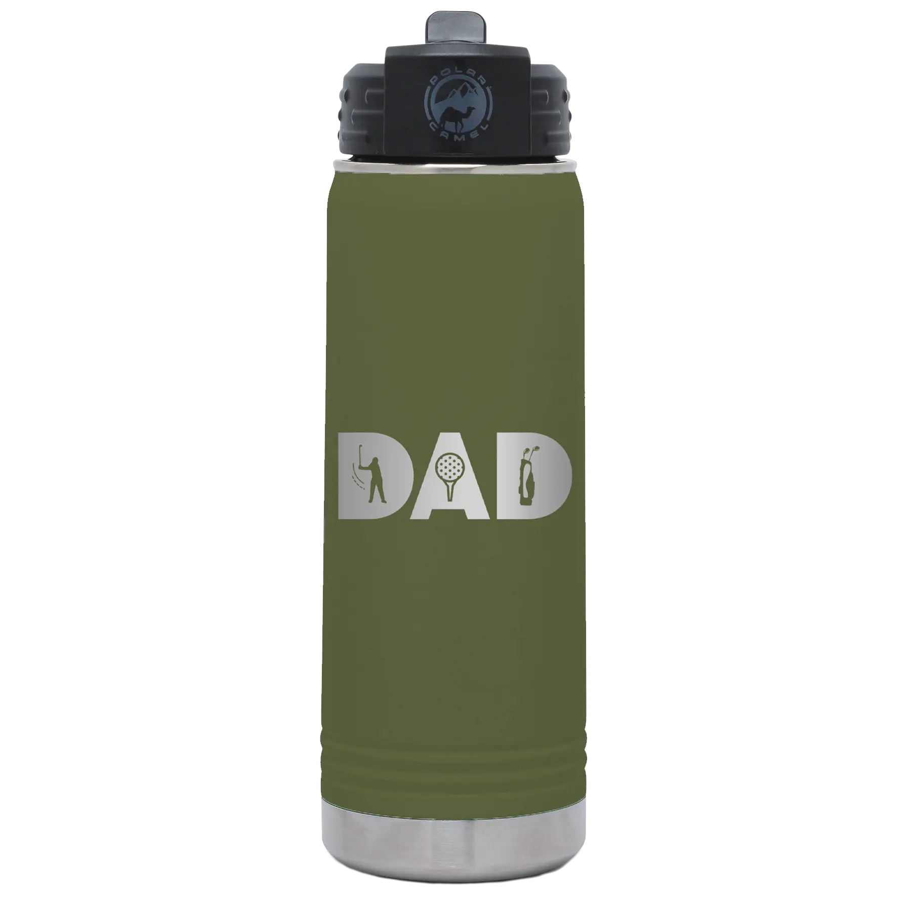 Laser etched olive green 20 oz vacuum insulated water bottle with 'Dad Golf' design
