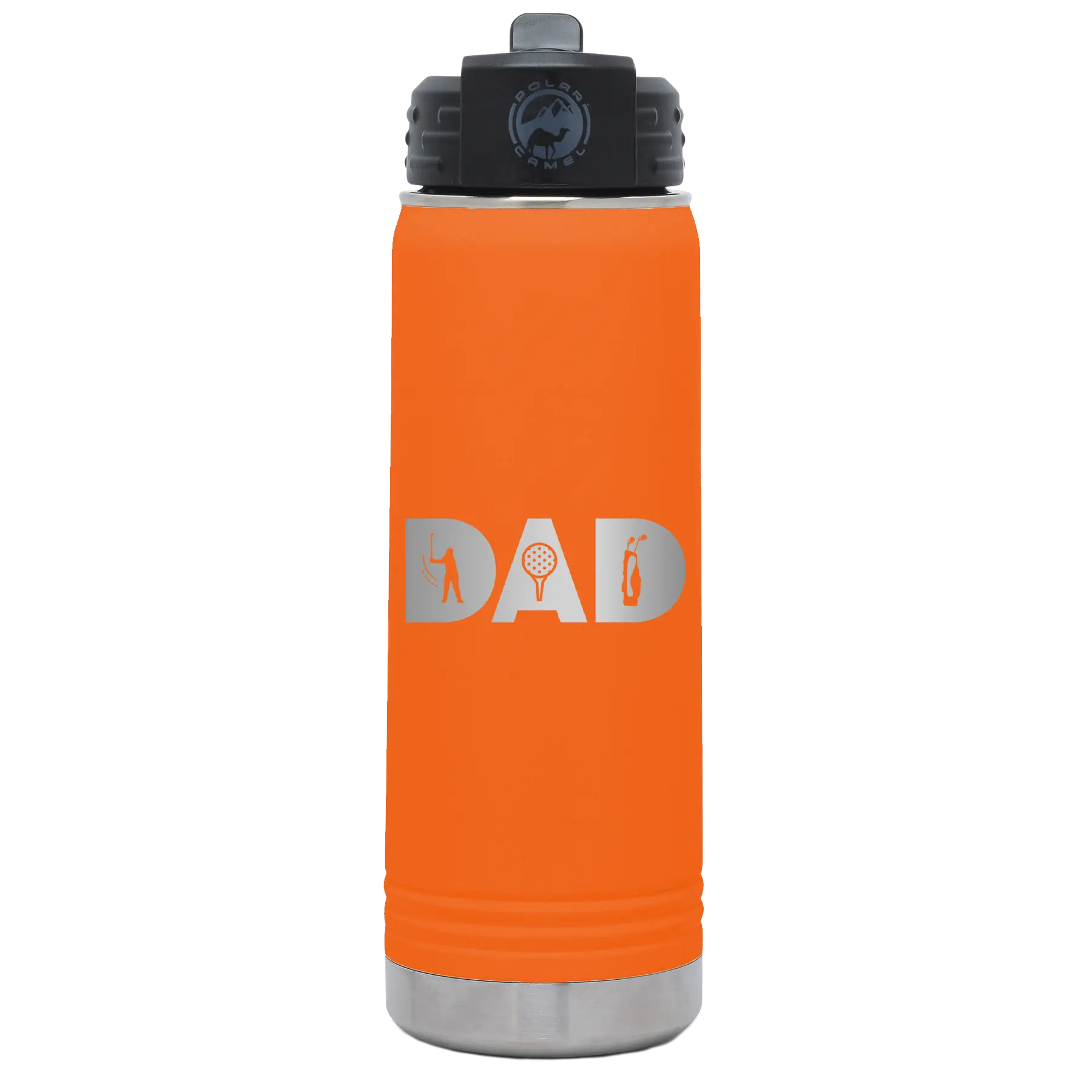 Laser etched orange 20 oz vacuum insulated water bottle with 'Dad Golf' design