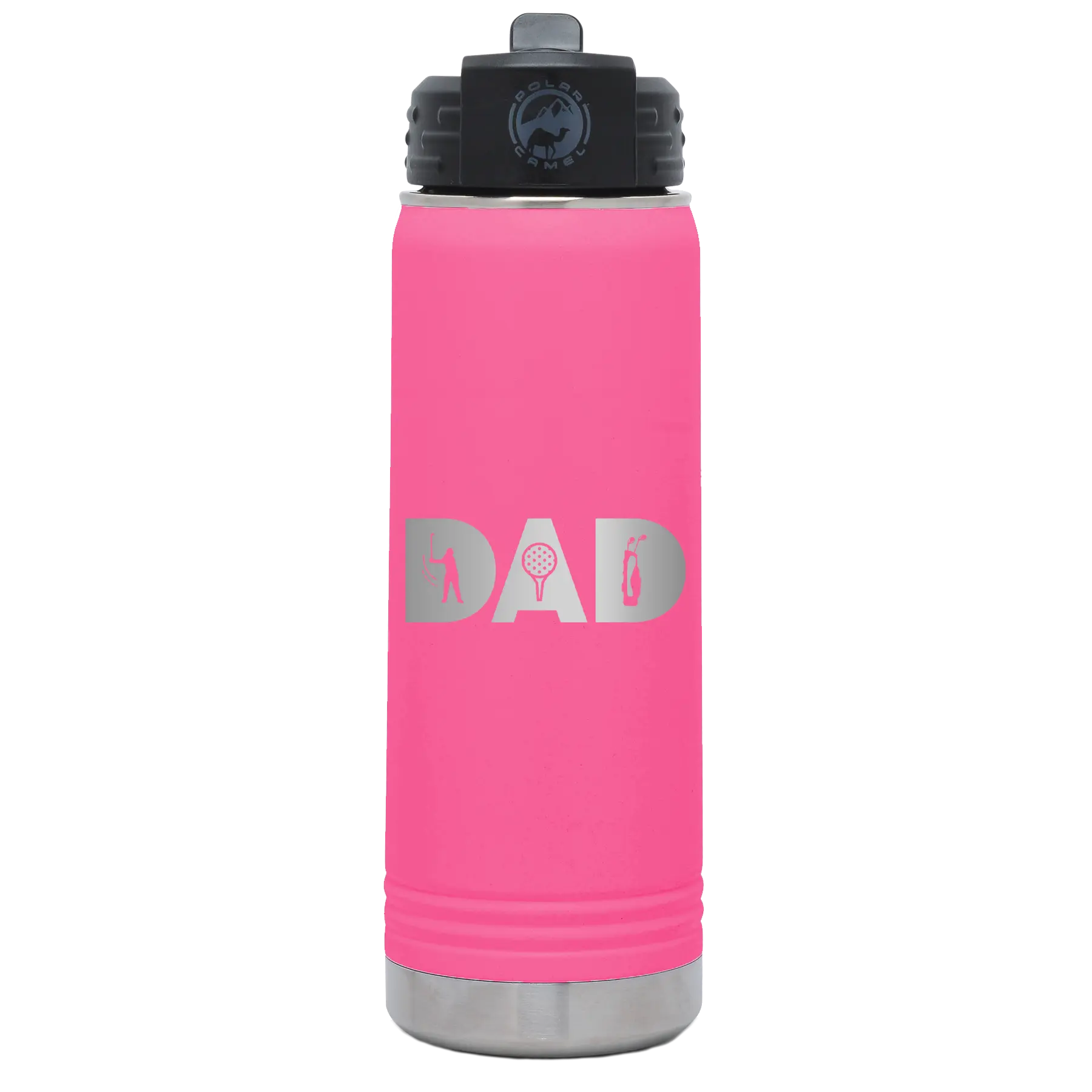 Laser etched pink 20 oz vacuum insulated water bottle with 'Dad Golf' design