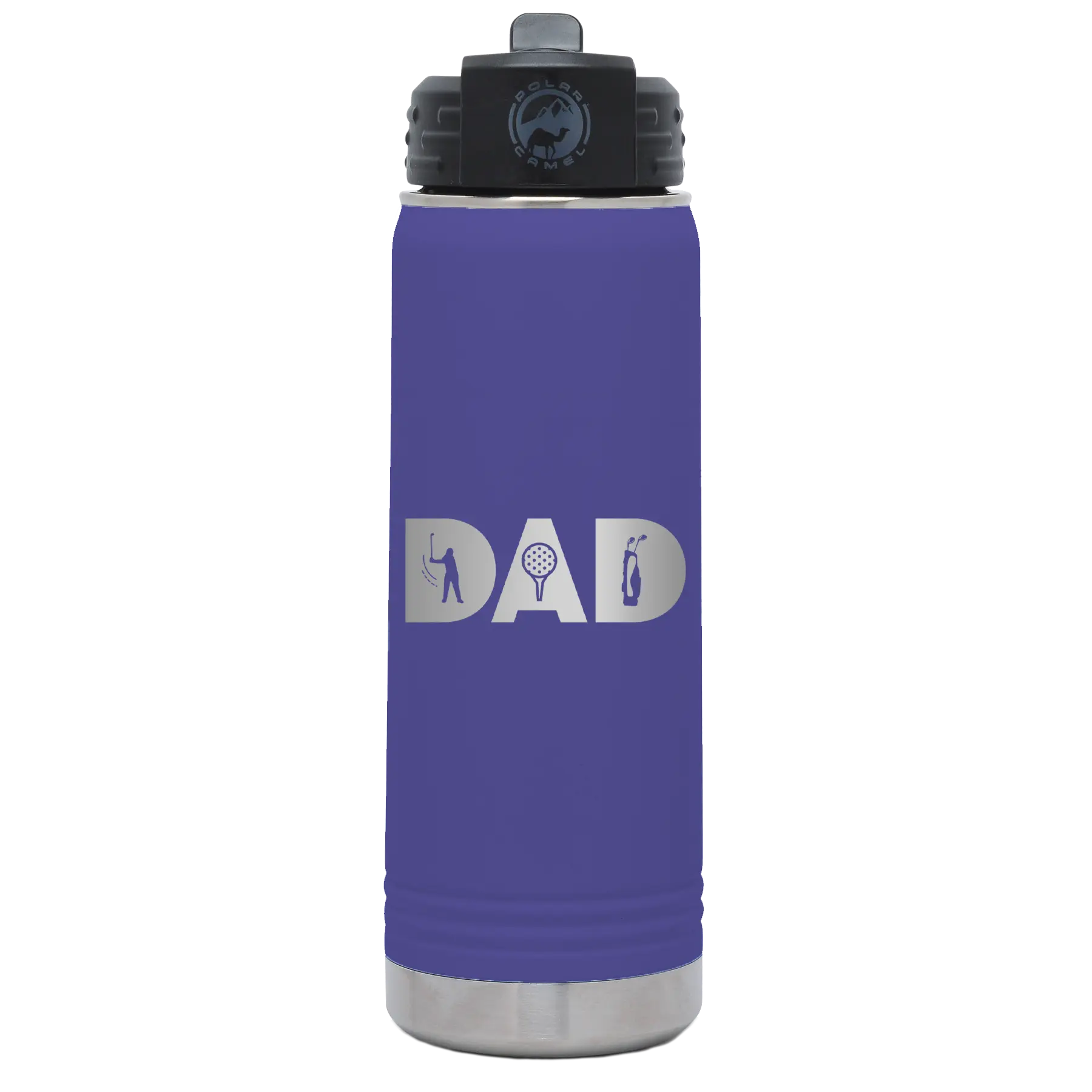 Laser etched purple 20 oz vacuum insulated water bottle with 'Dad Golf' design