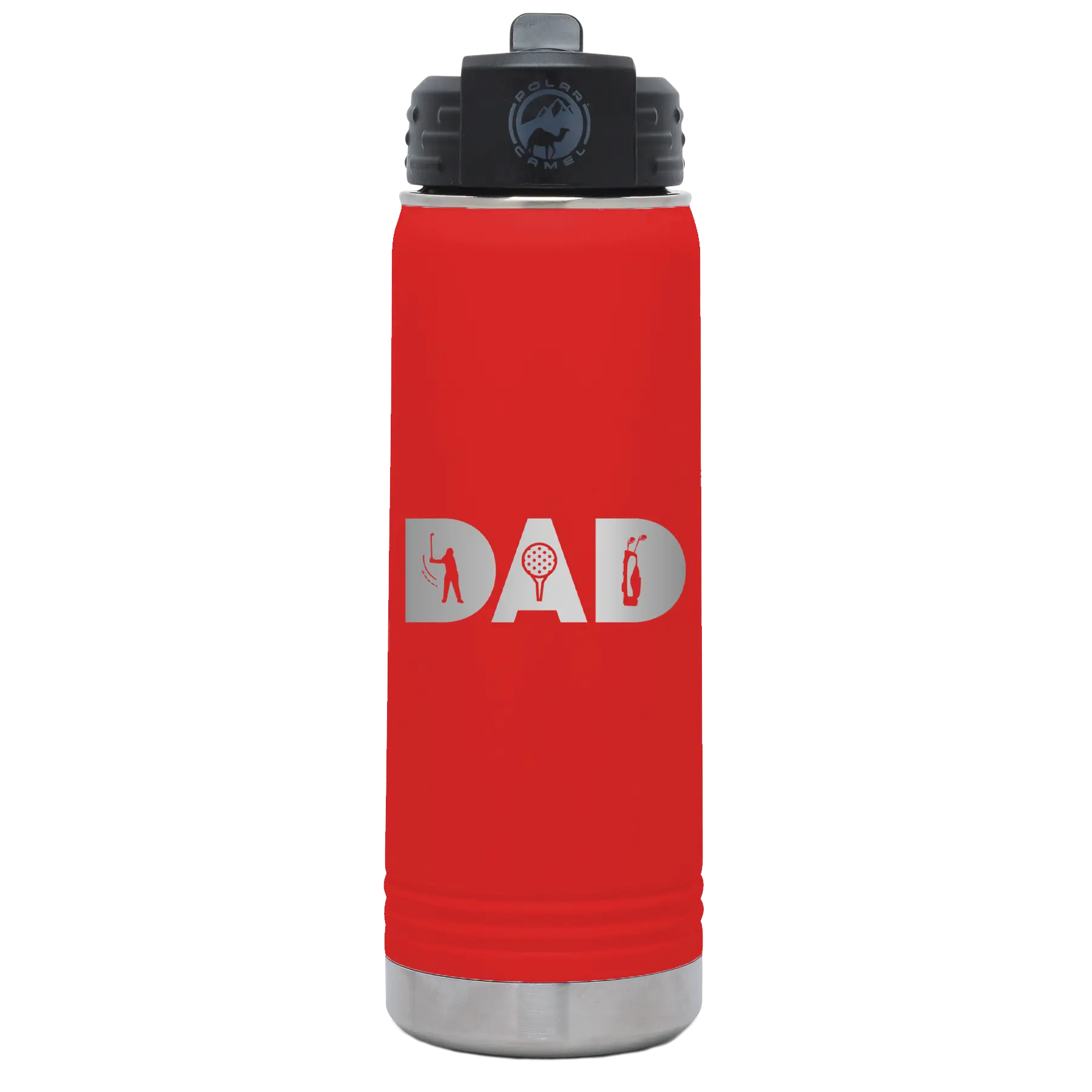 Laser etched red 20 oz vacuum insulated water bottle with 'Dad Golf' design