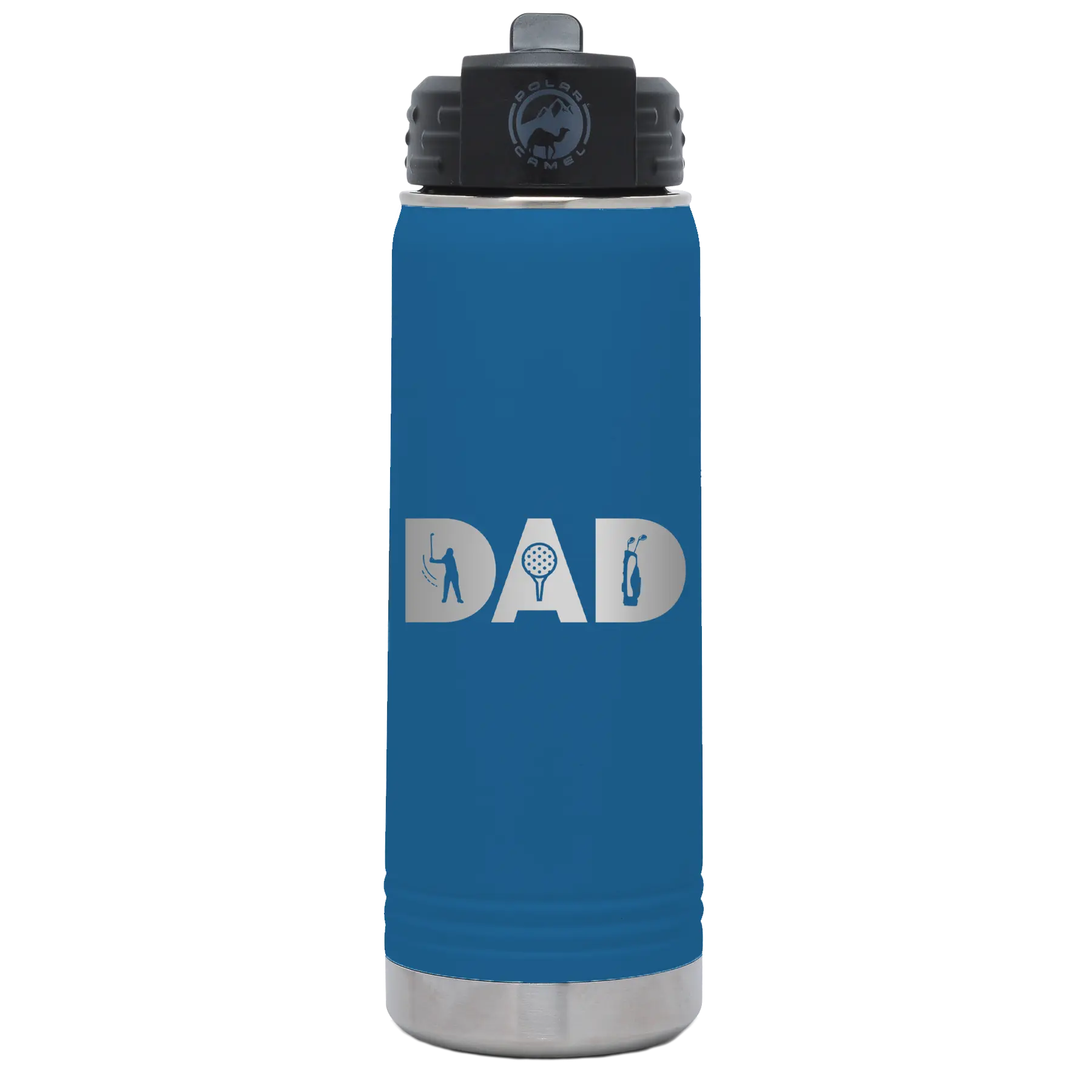 Laser etched royal blue 20 oz vacuum insulated water bottle with 'Dad Golf' design