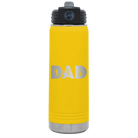 Laser etched yellow 20 oz vacuum insulated water bottle with 'Dad Golf' design