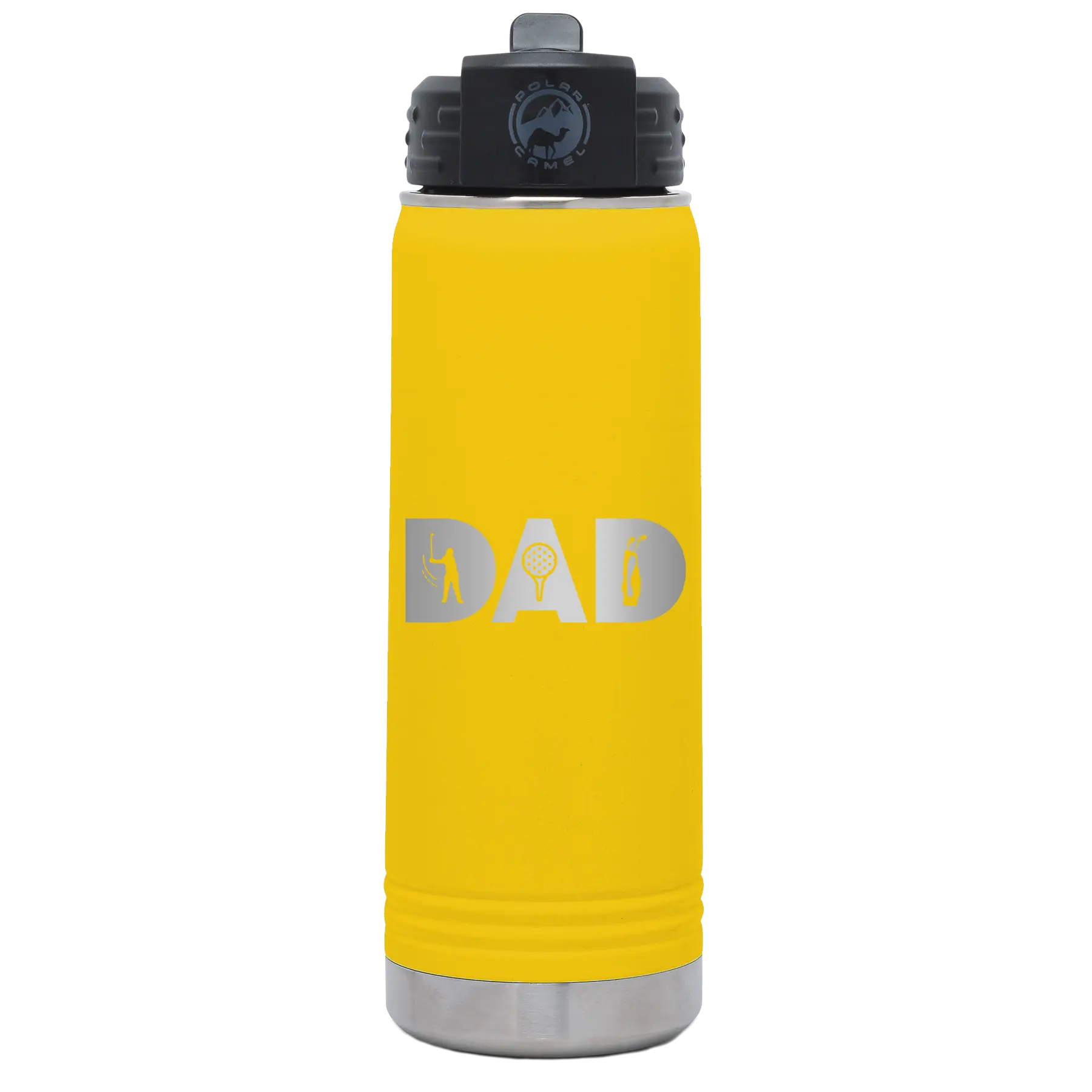 Laser etched yellow 20 oz vacuum insulated water bottle with 'Dad Golf' design