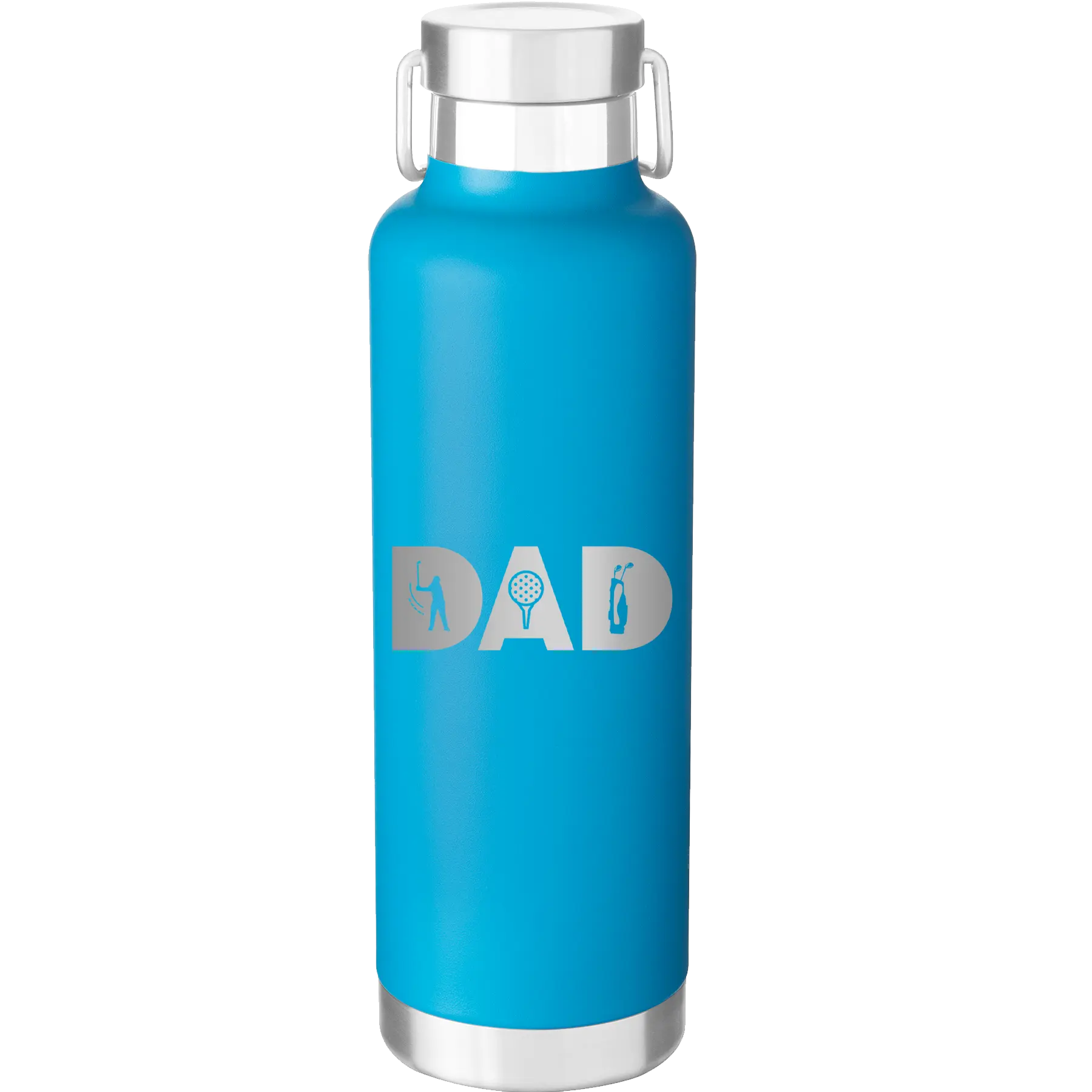 Laser etched aqua 24 oz vacuum insulated water bottle with 'Dad Golf' design