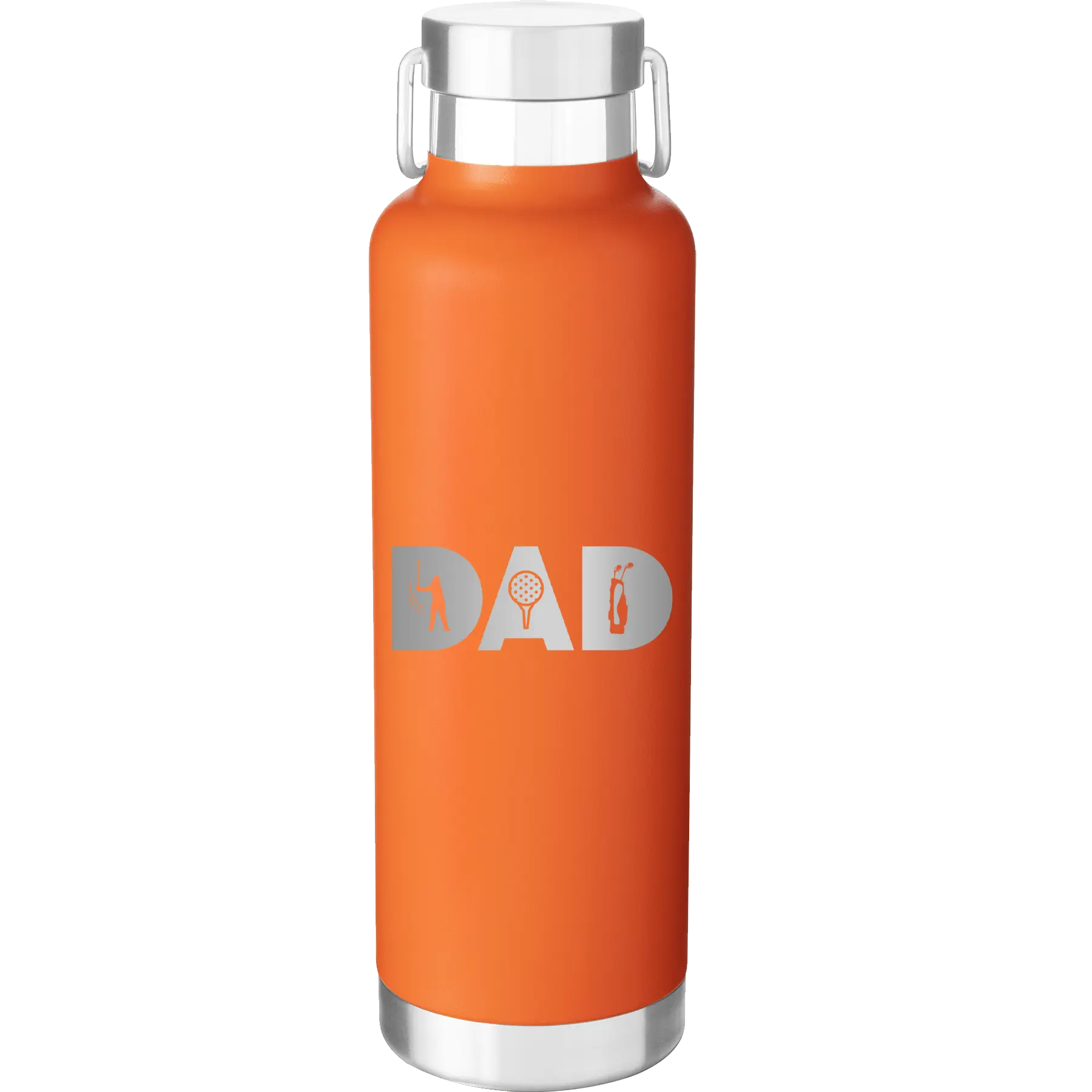 Laser etched orange 24 oz vacuum insulated water bottle with 'Dad Golf' design
