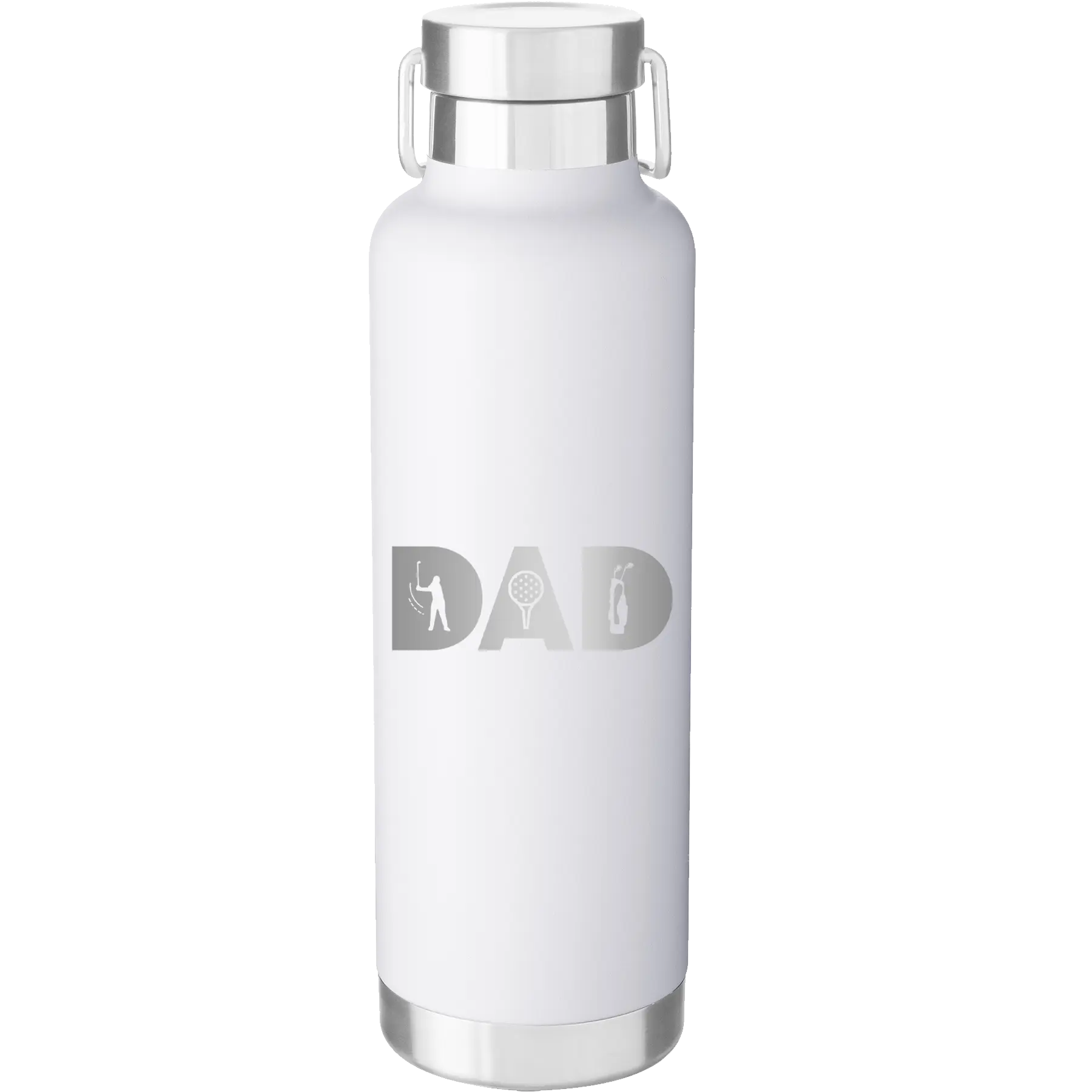 Laser etched white 24 oz vacuum insulated water bottle with 'Dad Golf' design
