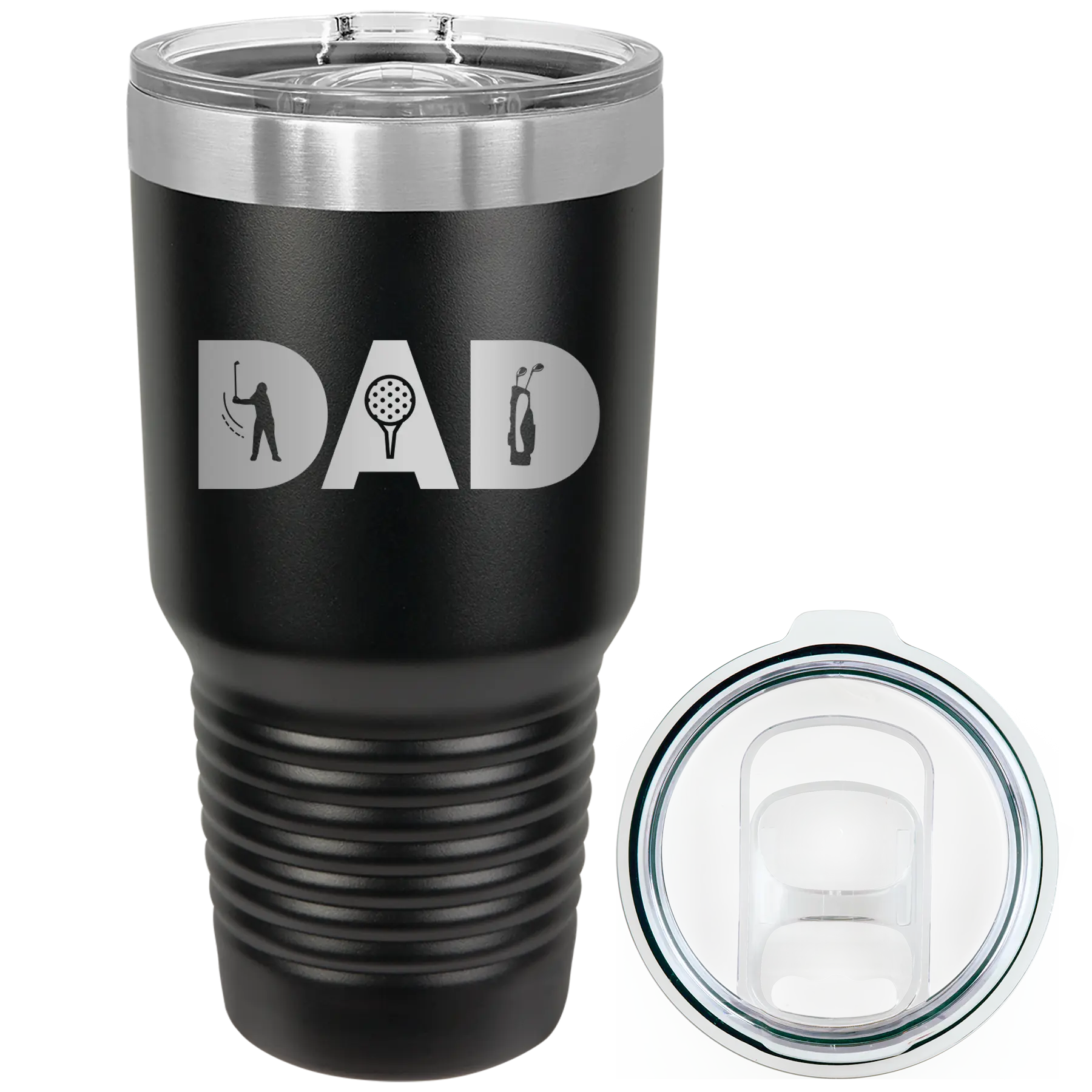 Laser etched black 30 oz vacuum insulated tumbler with 'Dad Golf' design