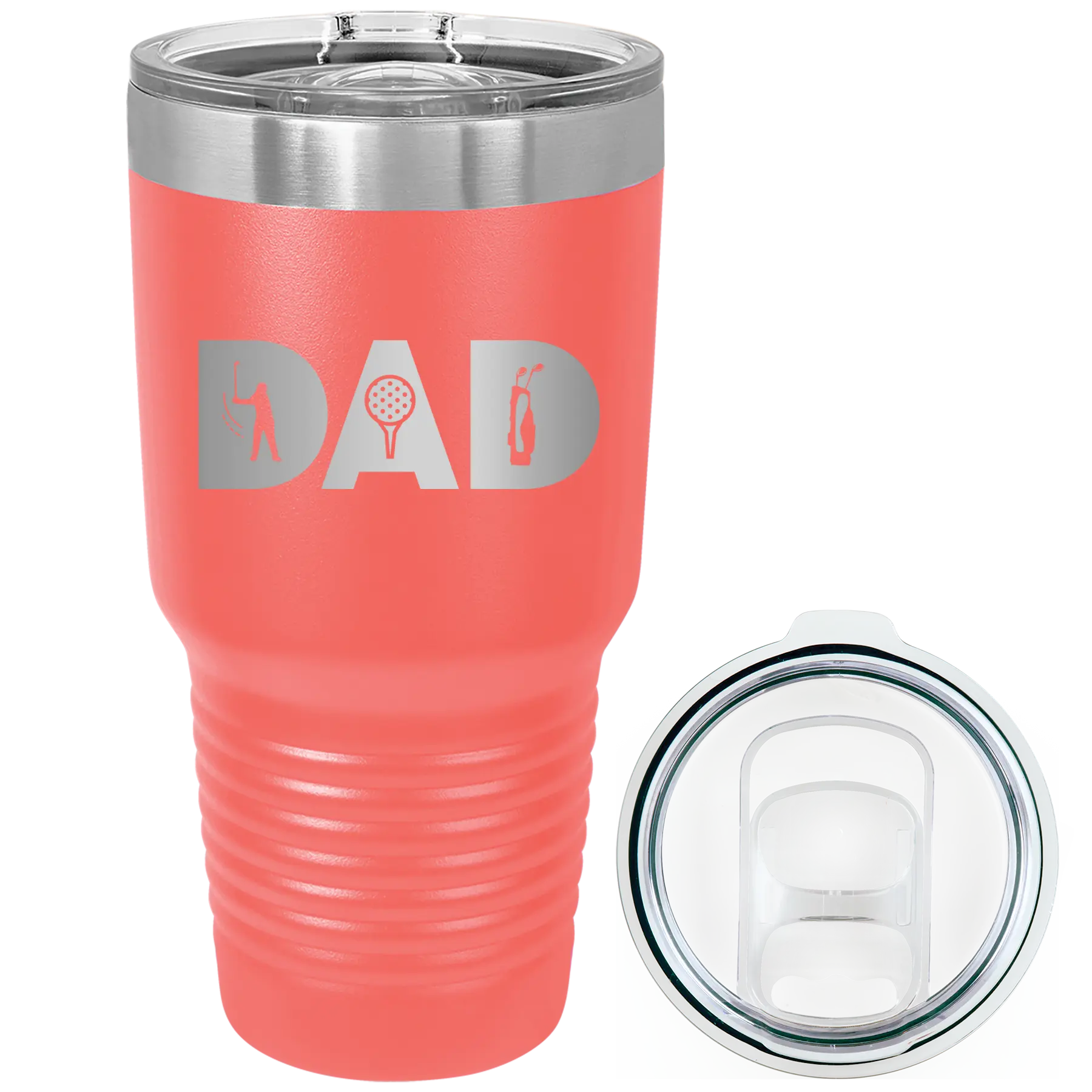 Laser etched coral 30 oz vacuum insulated tumbler with 'Dad Golf' design