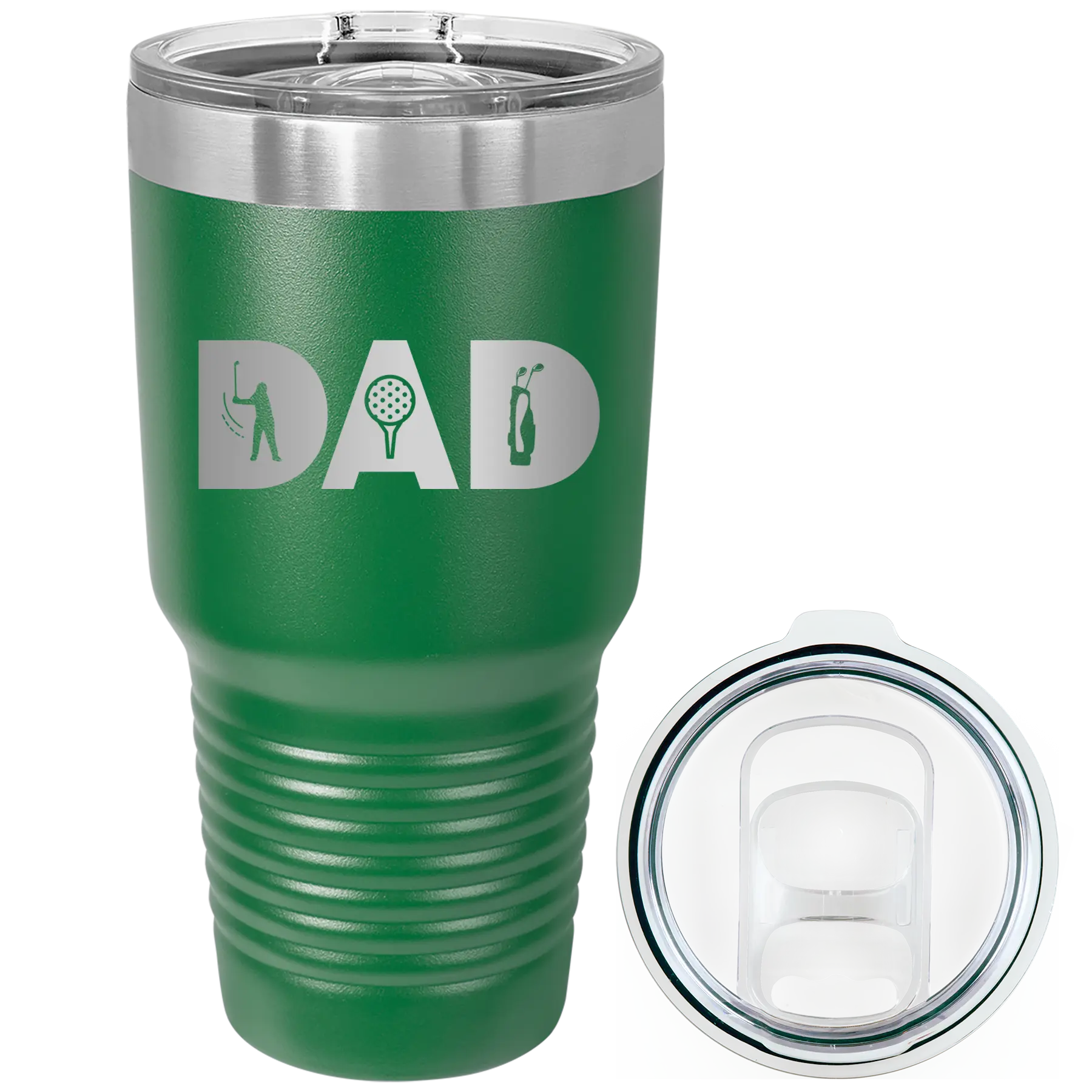 Laser etched green 30 oz vacuum insulated tumbler with 'Dad Golf' design
