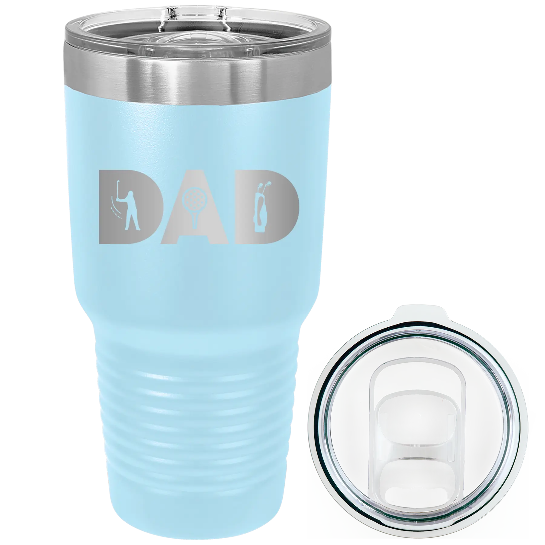 Laser etched light blue 30 oz vacuum insulated tumbler with 'Dad Golf' design