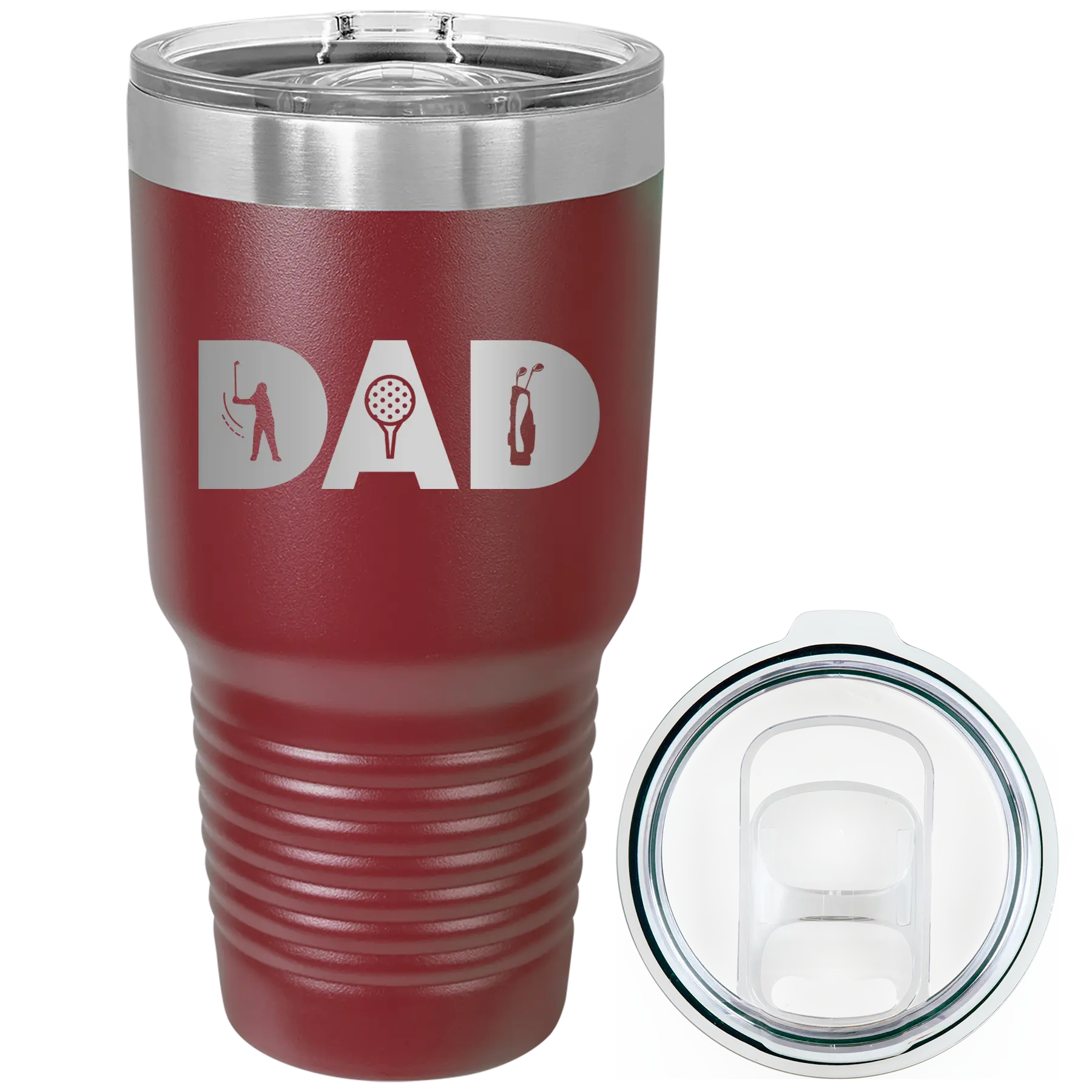 Laser etched maroon 30 oz vacuum insulated tumbler with 'Dad Golf' design