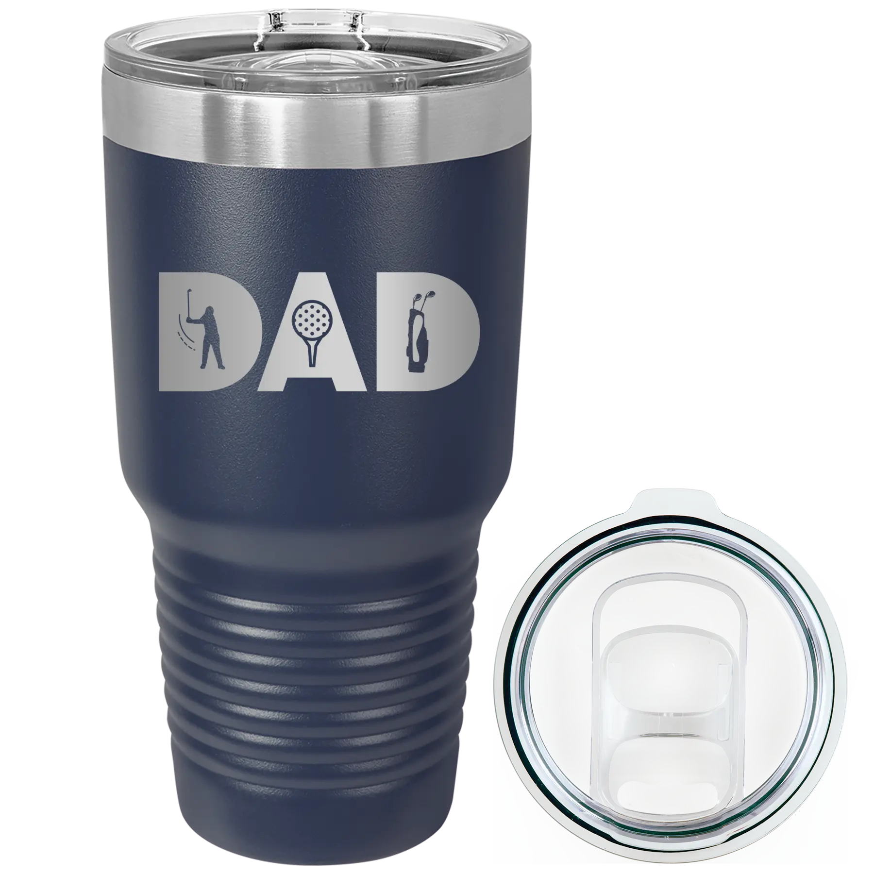 Laser etched navy 30 oz vacuum insulated tumbler with 'Dad Golf' design