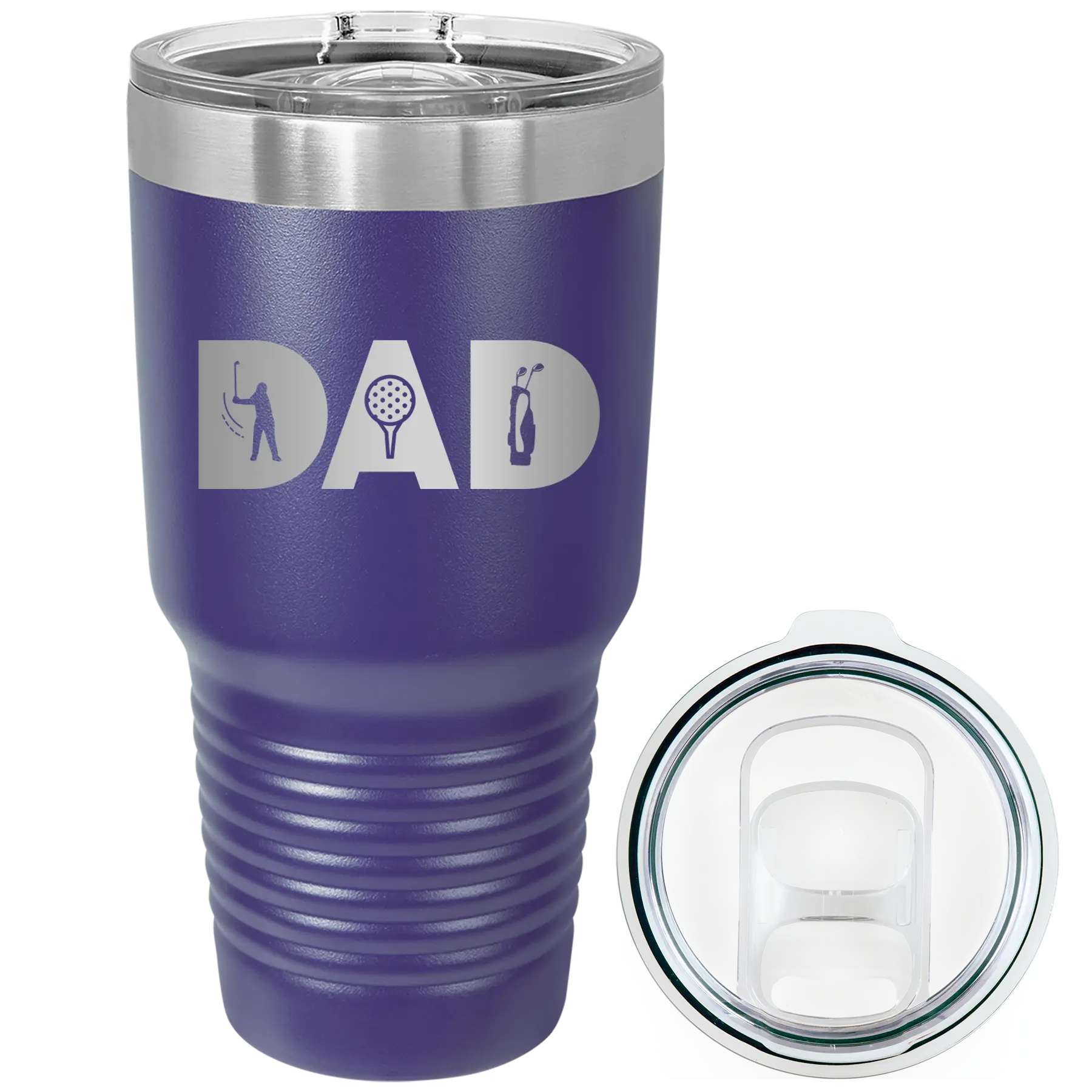 Laser etched purple 30 oz vacuum insulated tumbler with 'Dad Golf' design