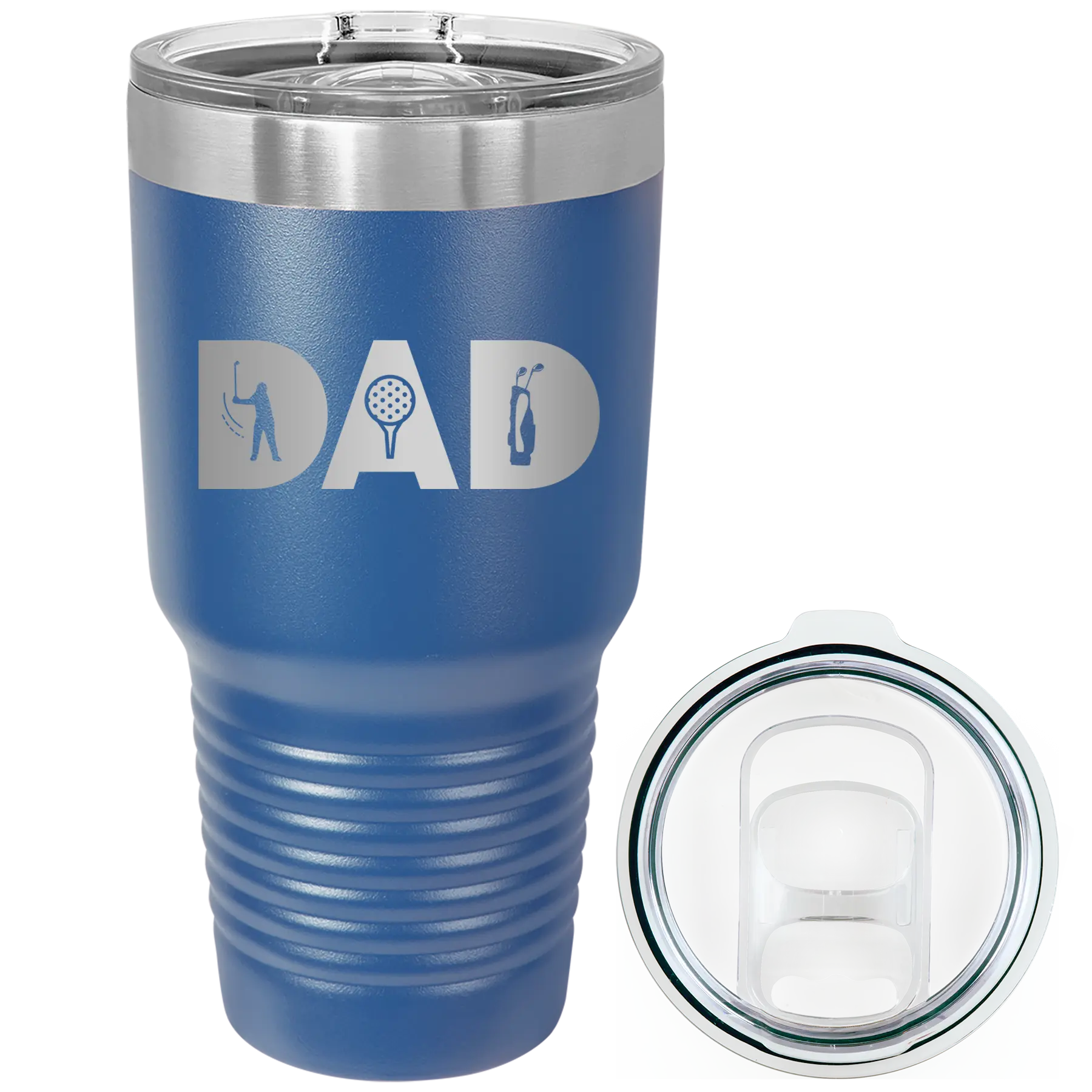Laser etched royal blue 30 oz vacuum insulated tumbler with 'Dad Golf' design