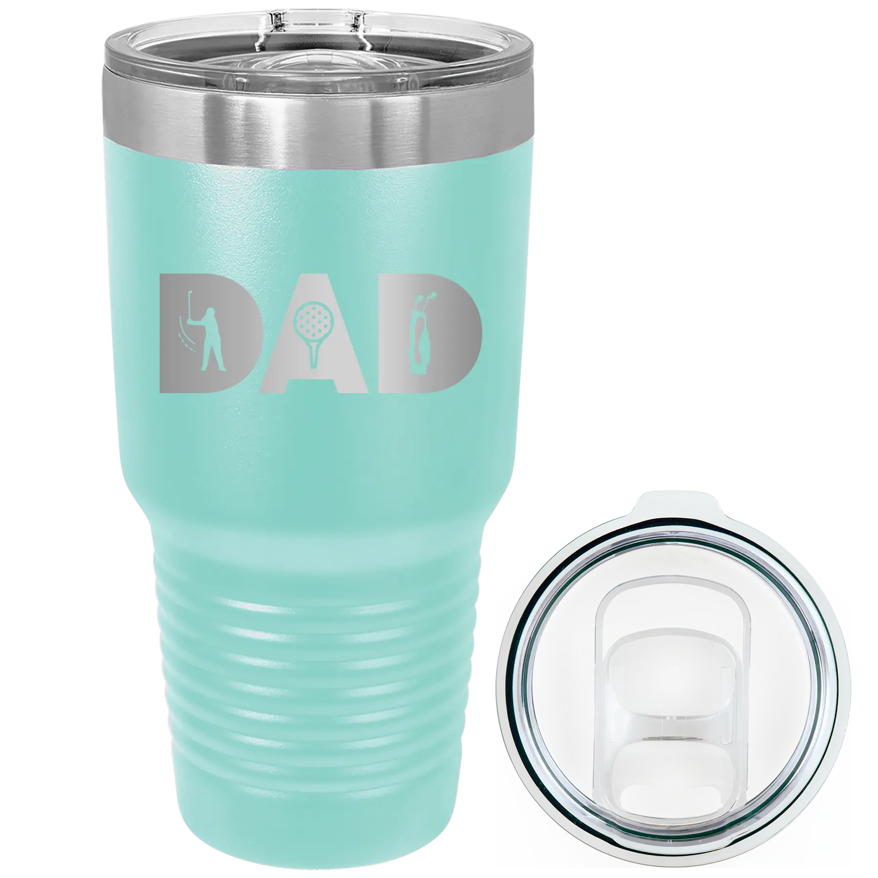 Laser etched teal 30 oz vacuum insulated tumbler with 'Dad Golf' design