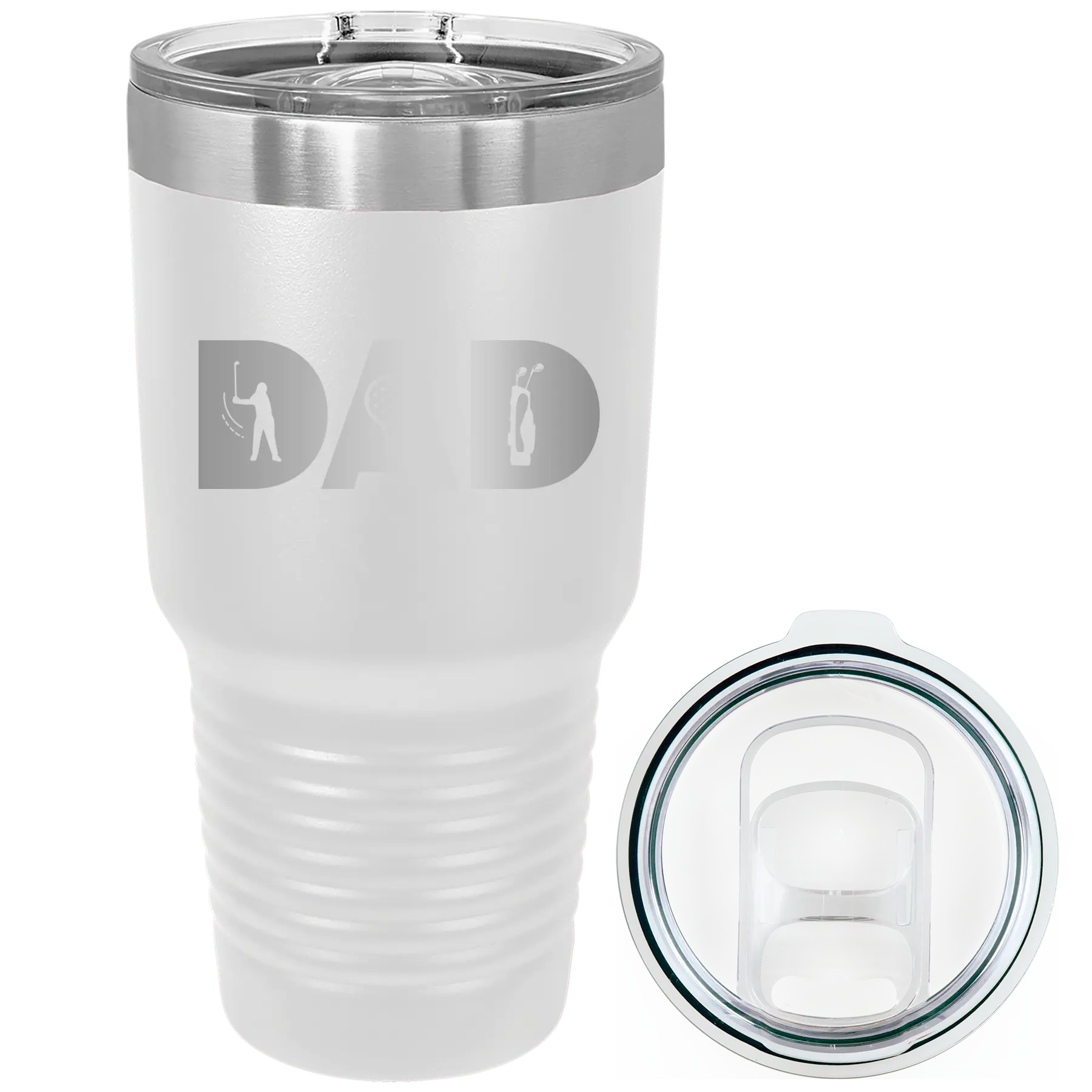 Laser etched white 30 oz vacuum insulated tumbler with 'Dad Golf' design