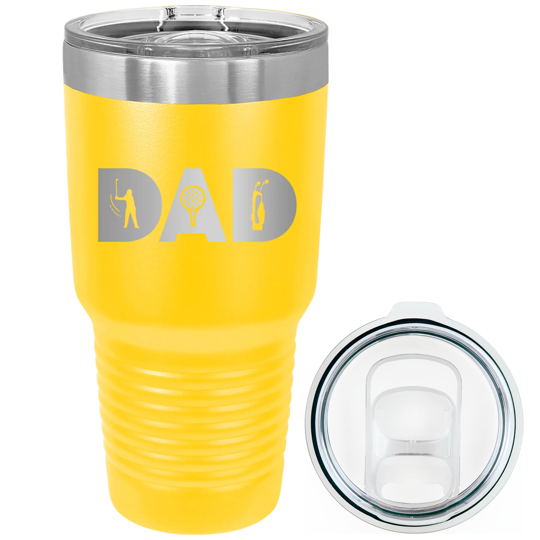 Laser etched yellow 30 oz vacuum insulated tumbler with 'Dad Golf' design