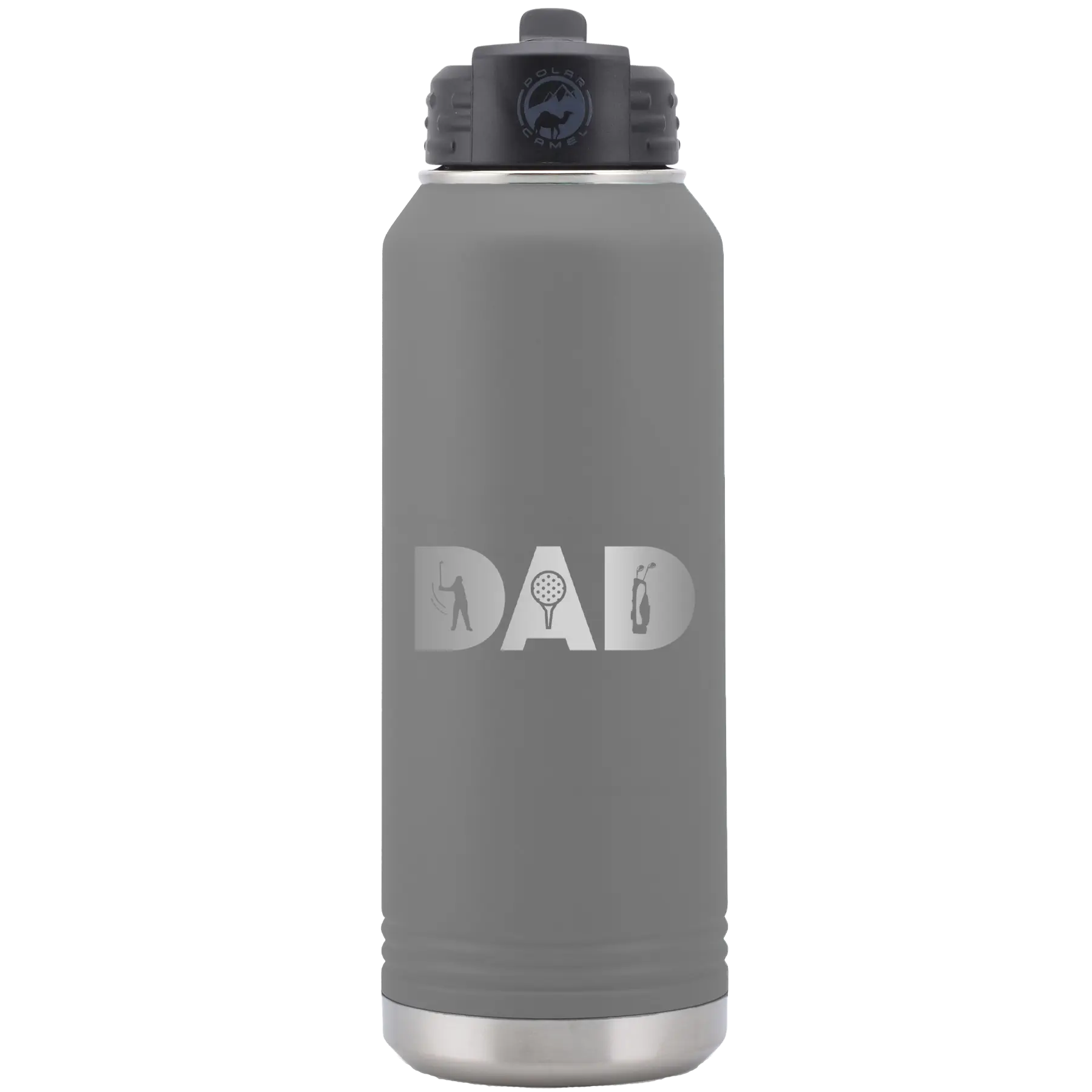 Laser etched dark gray 32 oz vacuum insulated water bottle with 'Dad Golf' design