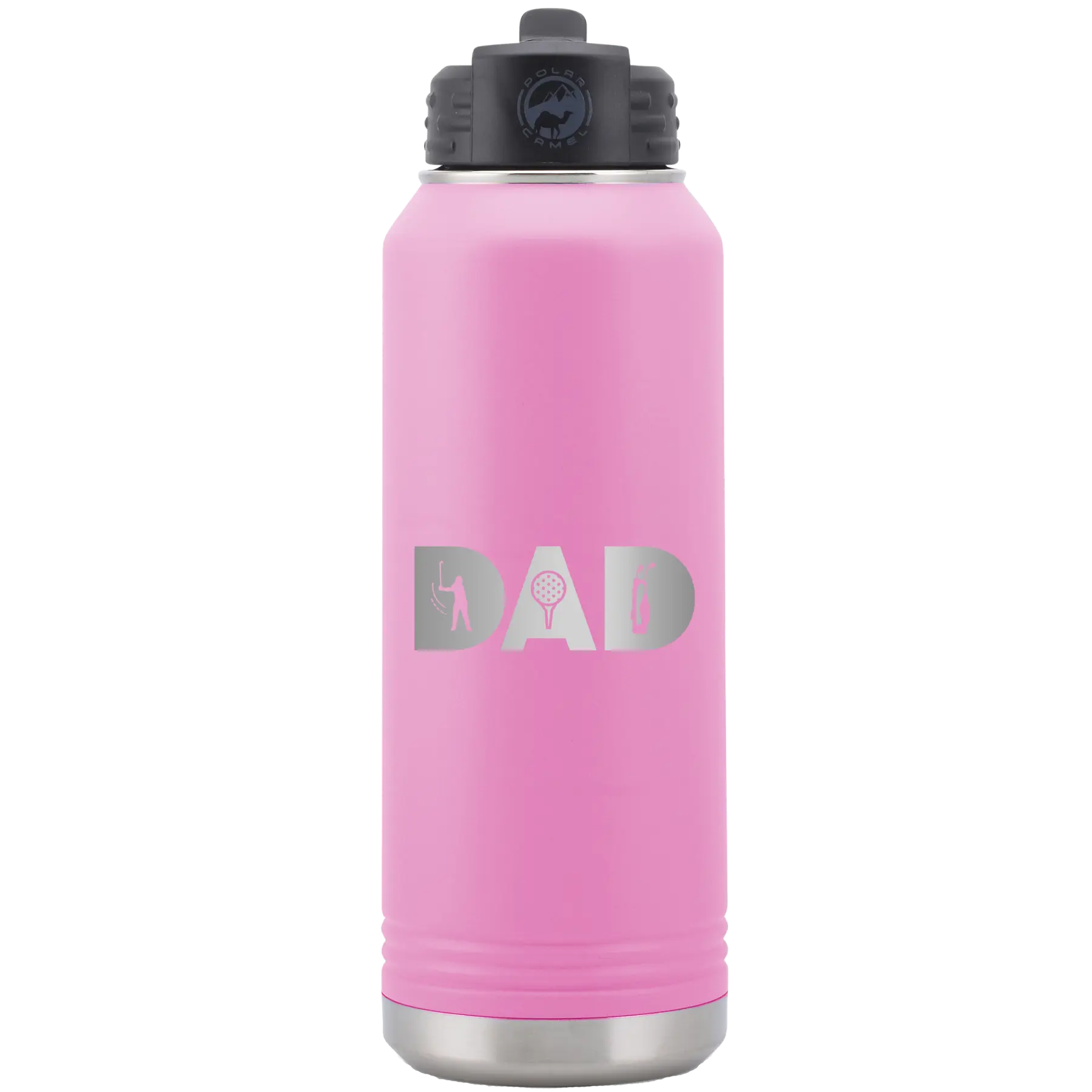 Laser etched light purple 32 oz vacuum insulated water bottle with 'Dad Golf' design