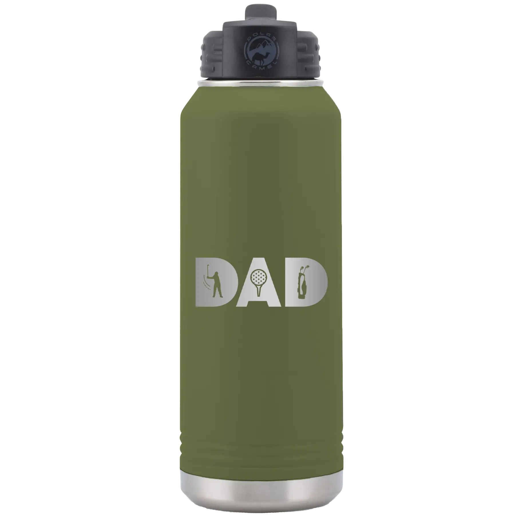 Laser etched olive green 32 oz vacuum insulated water bottle with 'Dad Golf' design