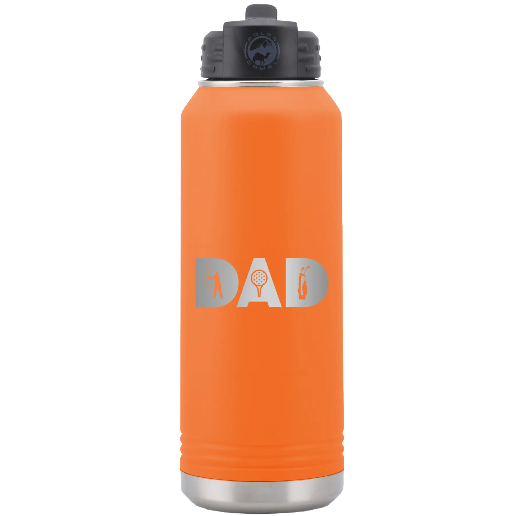 Laser etched orange 32 oz vacuum insulated water bottle with 'Dad Golf' design