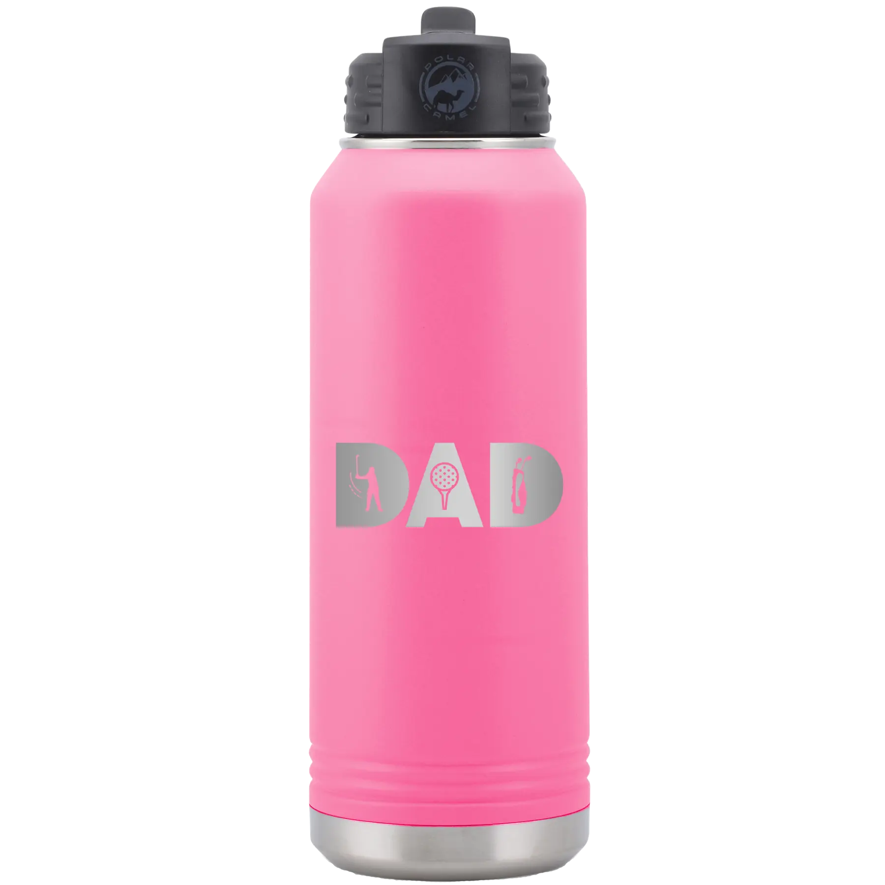 Laser etched pink 32 oz vacuum insulated water bottle with 'Dad Golf' design