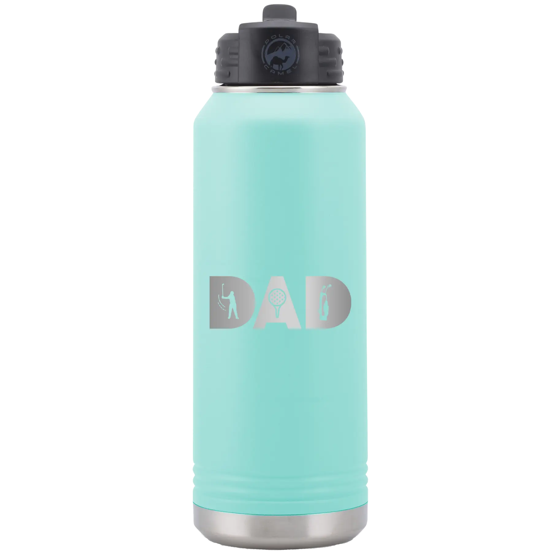 Laser etched teal 32 oz vacuum insulated water bottle with 'Dad Golf' design