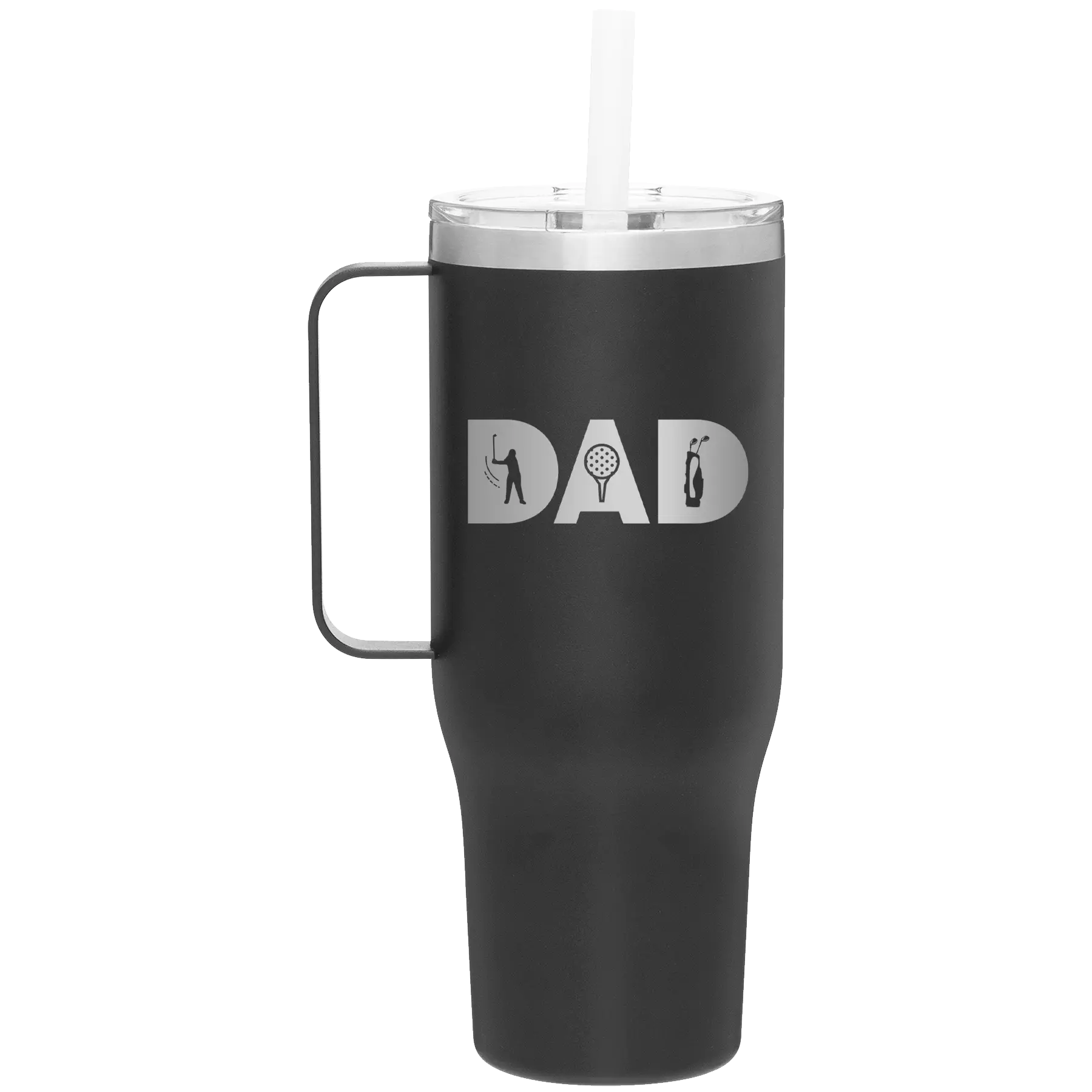 Personalized black 40 oz vacuum insulated tumbler mug with 'Dad Golf' design