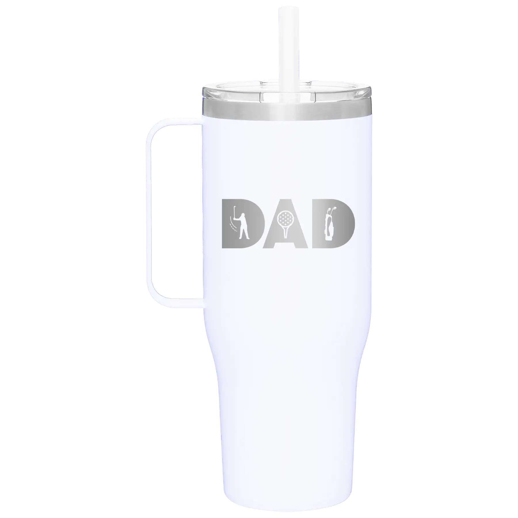 Personalized white 40 oz vacuum insulated tumbler mug with 'Dad Golf' design