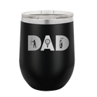 Personalized black 12 oz vacuum insulated wine cup with etched 'Dad Golf' design