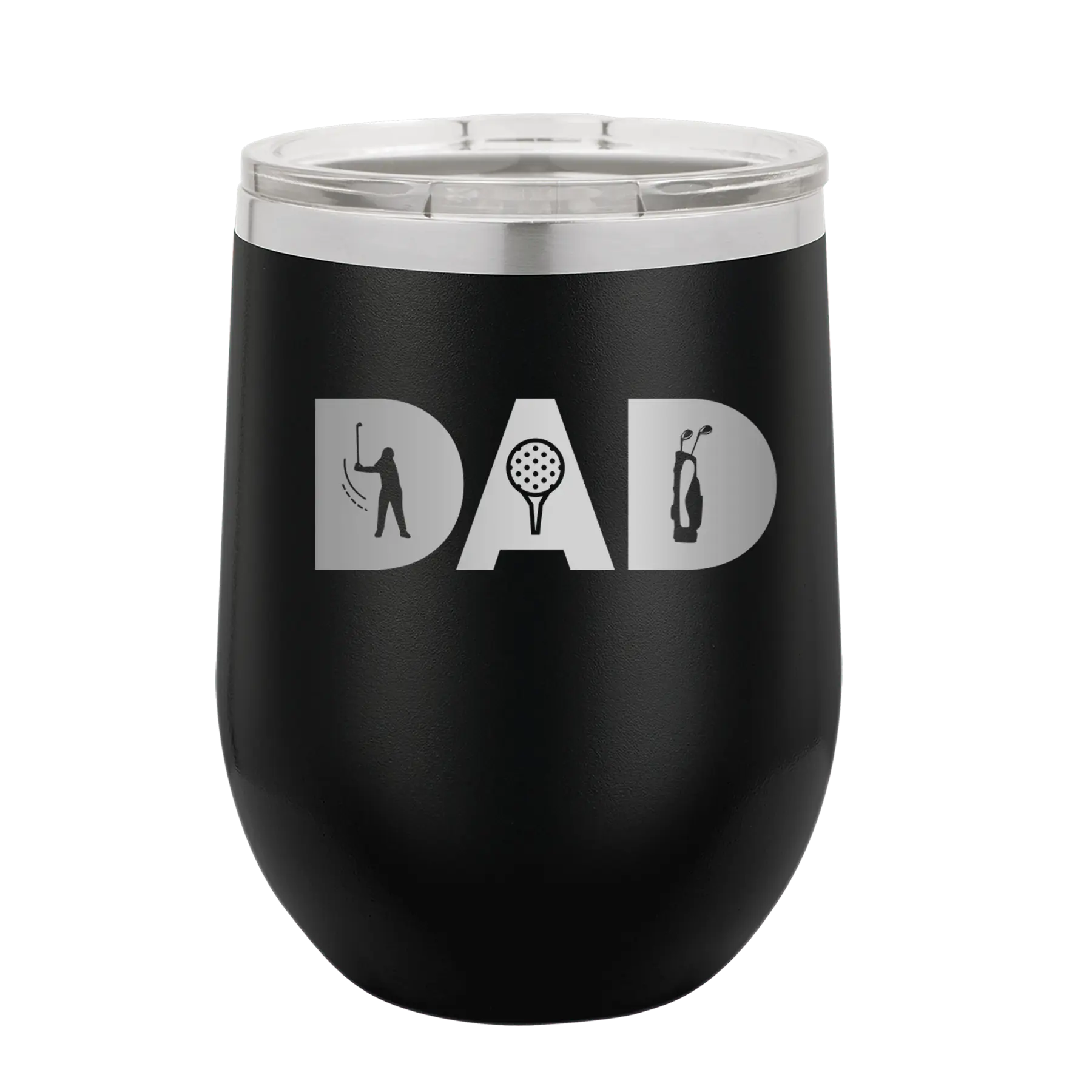 Personalized black 12 oz vacuum insulated wine cup with etched 'Dad Golf' design