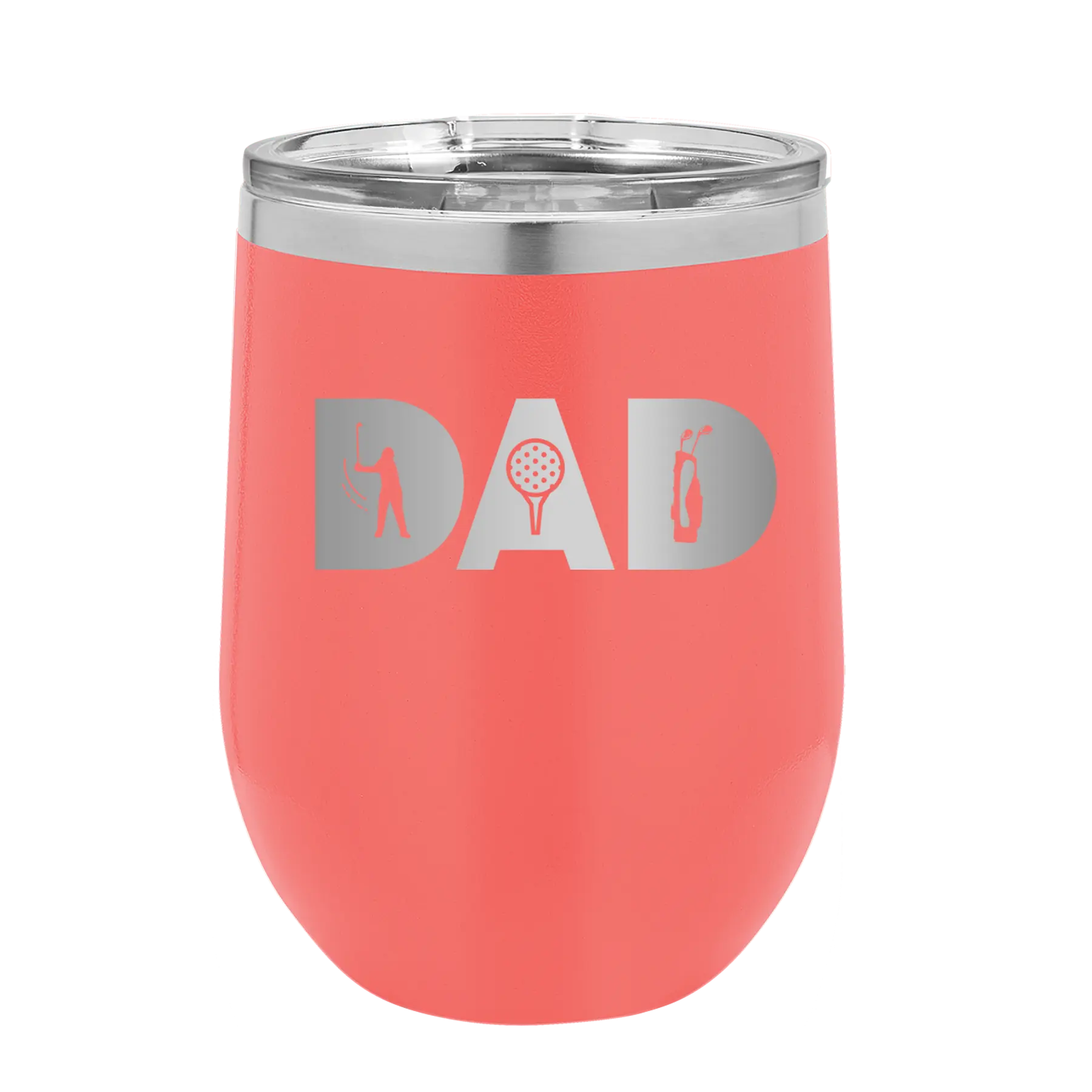Personalized coral 12 oz vacuum insulated wine cup with etched 'Dad Golf' design