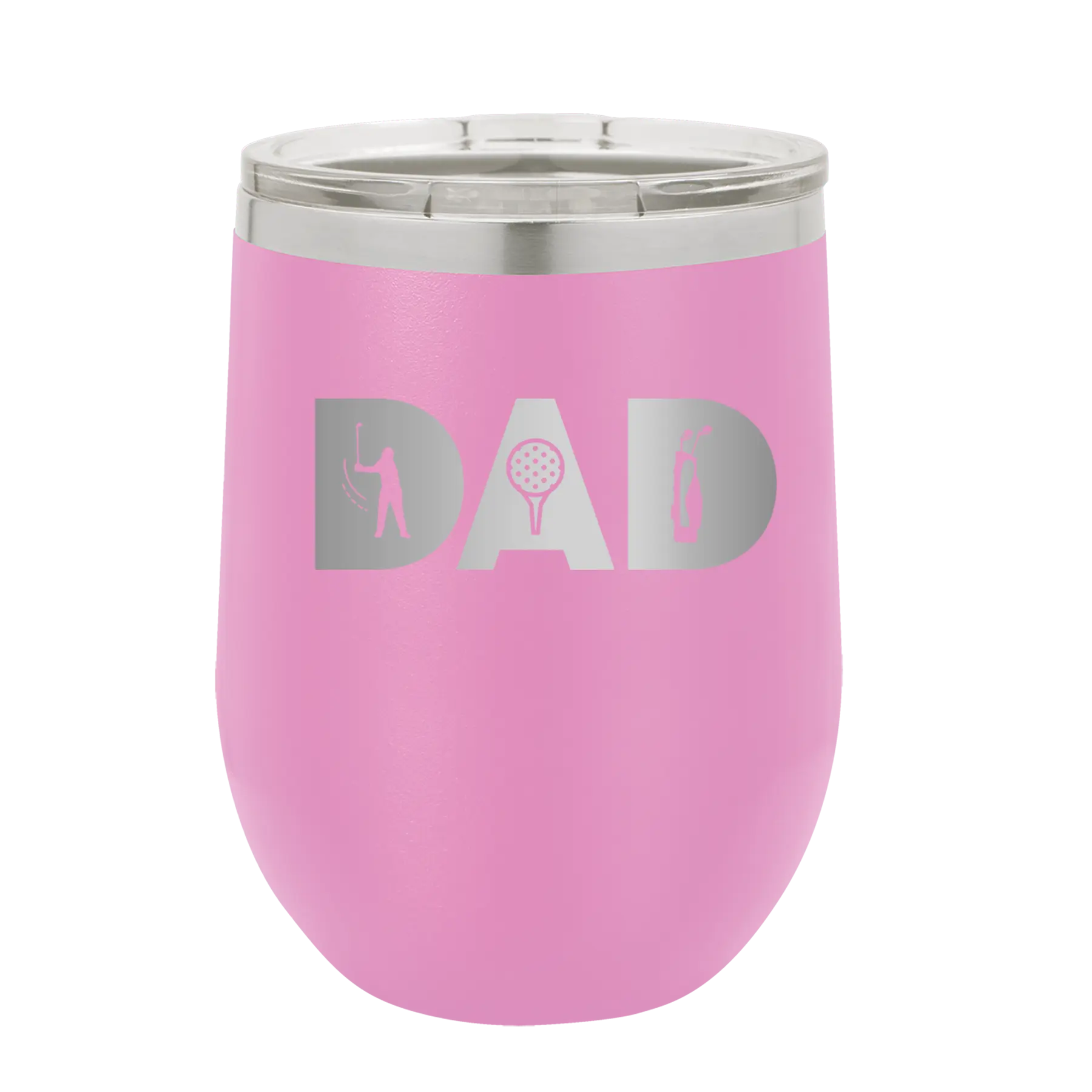 Personalized light purple 12 oz vacuum insulated wine cup with etched 'Dad Golf' design