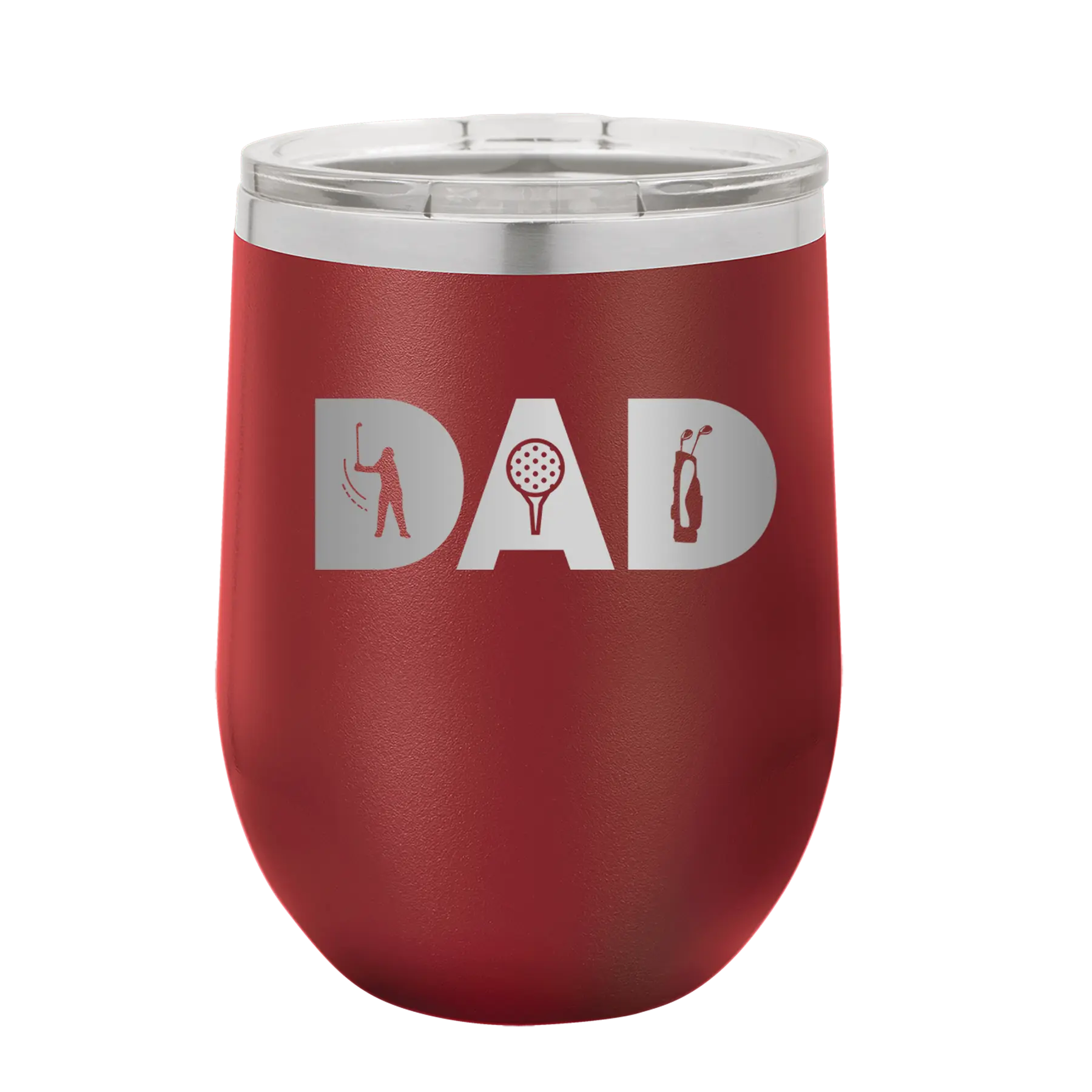 Personalized maroon 12 oz vacuum insulated wine cup with etched 'Dad Golf' design