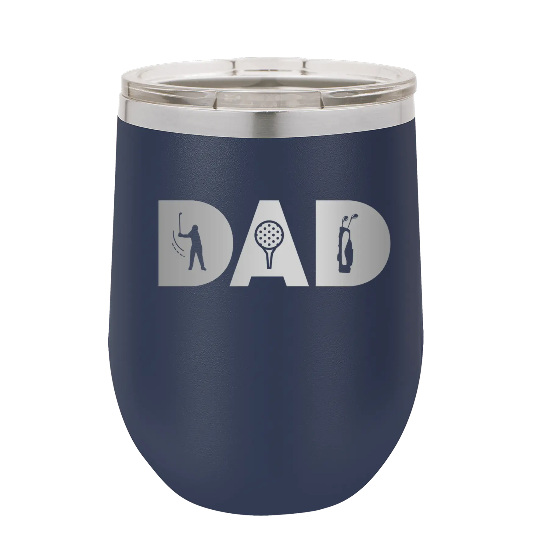 Personalized navy 12 oz vacuum insulated wine cup with etched 'Dad Golf' design