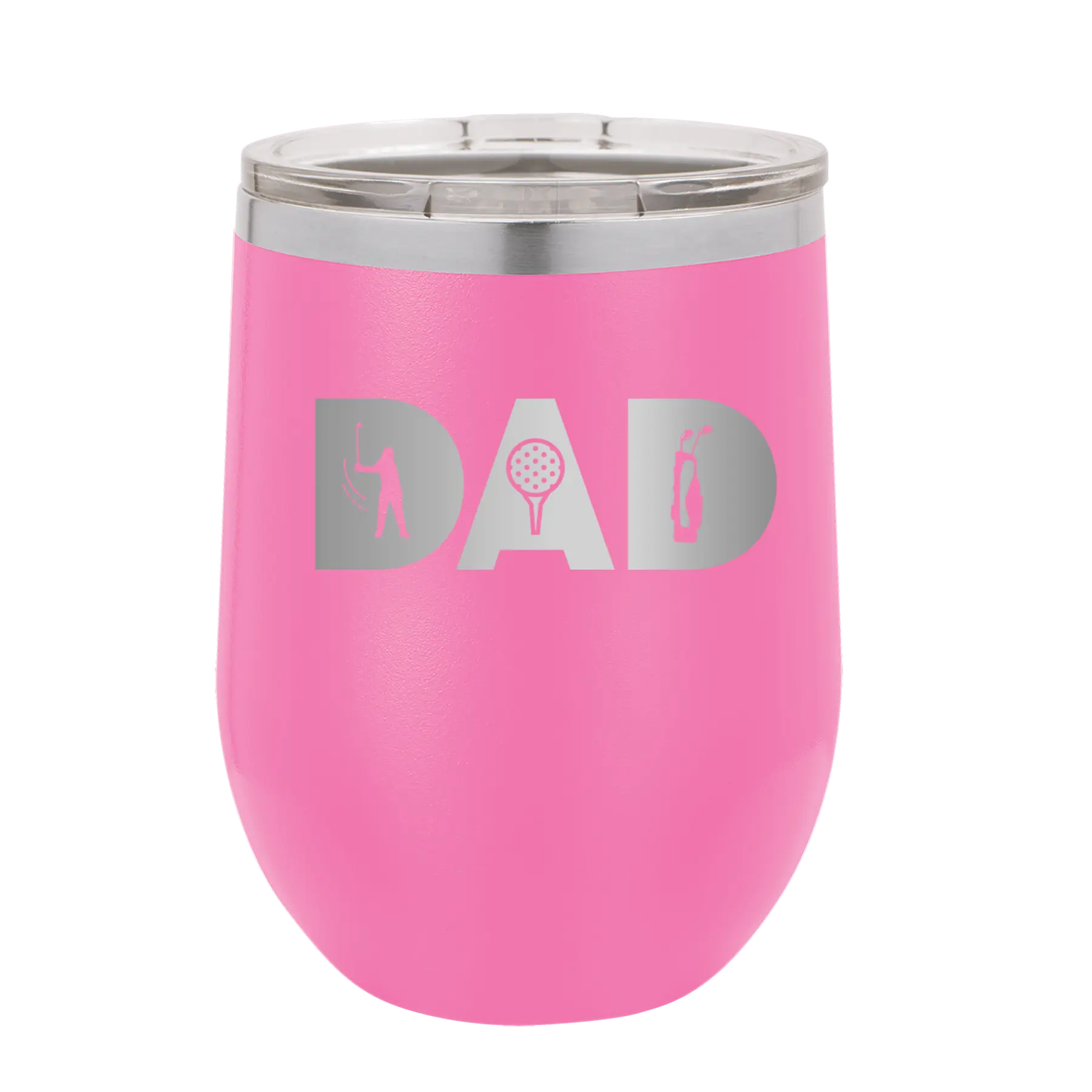 Personalized pink 12 oz vacuum insulated wine cup with etched 'Dad Golf' design