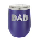 Personalized purple 12 oz vacuum insulated wine cup with etched 'Dad Golf' design