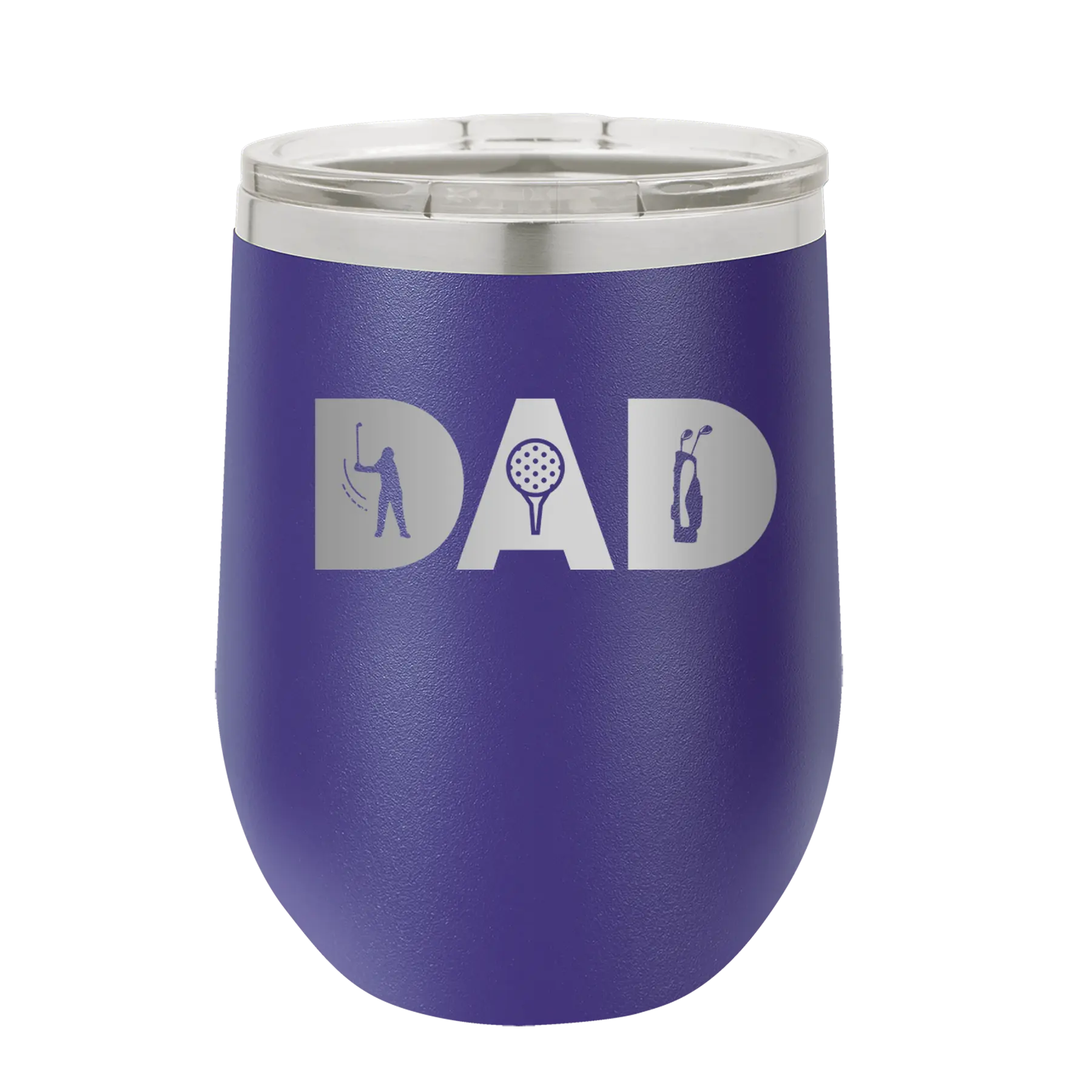 Personalized purple 12 oz vacuum insulated wine cup with etched 'Dad Golf' design