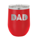 Personalized red 12 oz vacuum insulated wine cup with etched 'Dad Golf' design