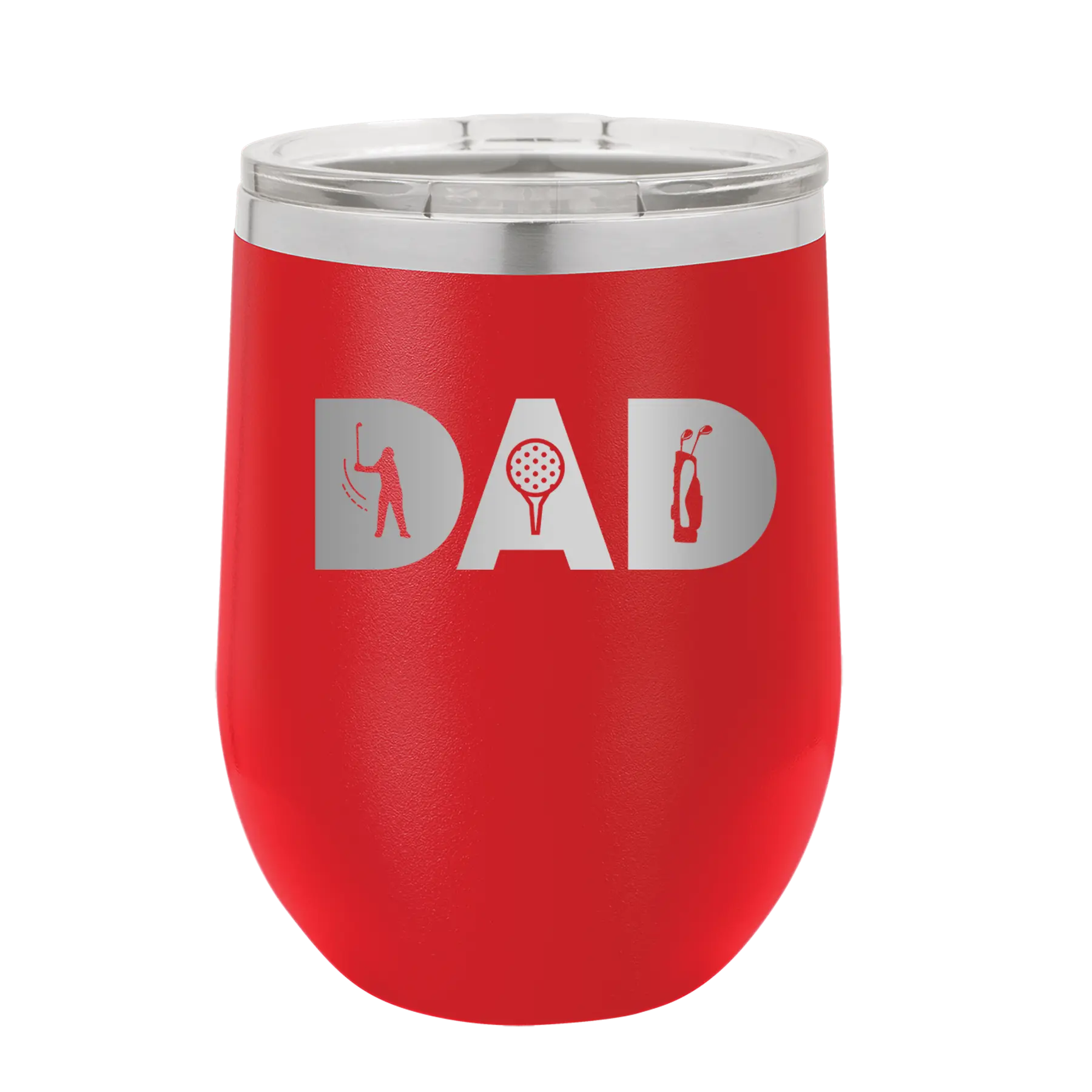 Personalized red 12 oz vacuum insulated wine cup with etched 'Dad Golf' design