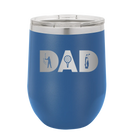Personalized royal blue 12 oz vacuum insulated wine cup with etched 'Dad Golf' design